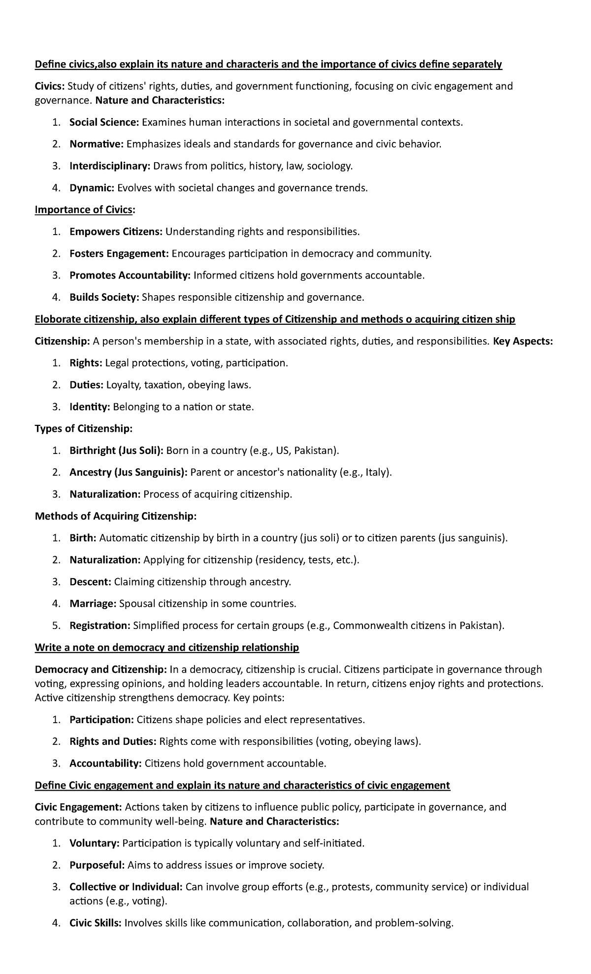 Civics Notes (CIV101): Understanding Rights, Citizenship, and Democracy ...
