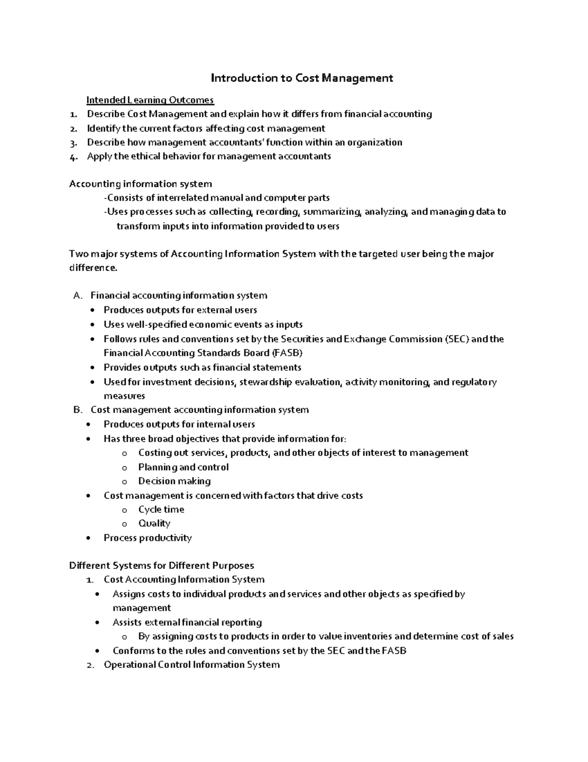 Cost Management Overview - Chapter 1 Lecture Notes (ACC 101) - Studocu