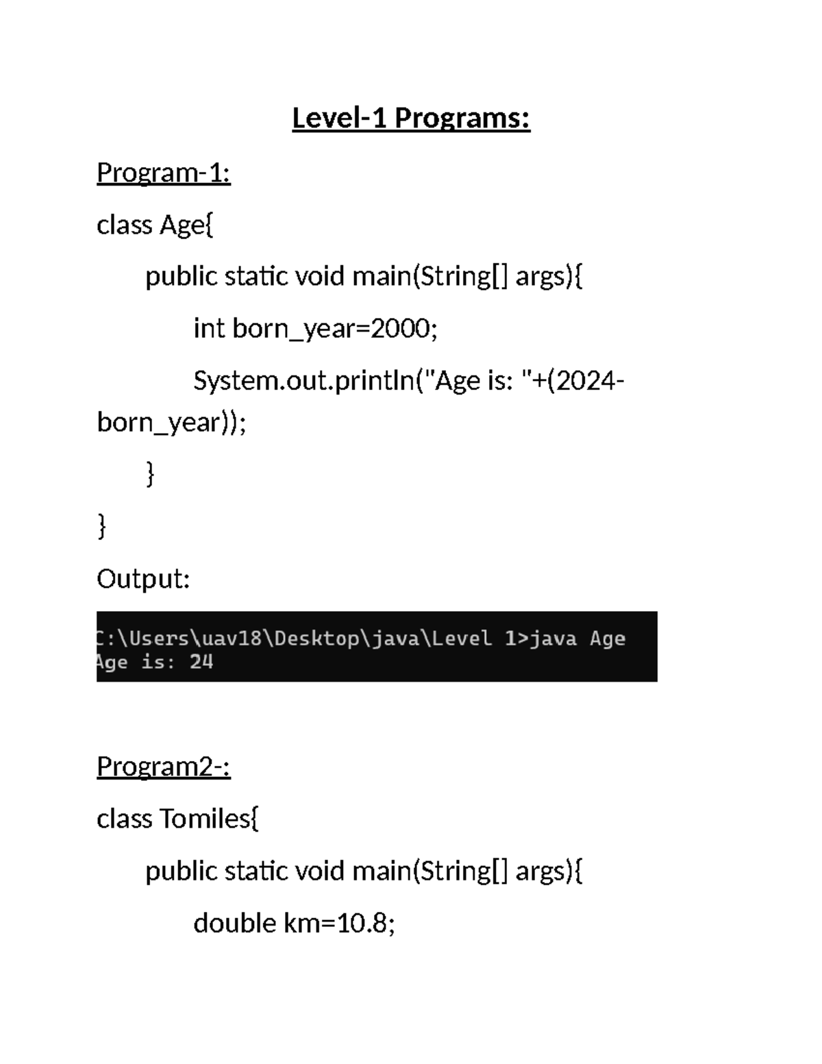 Java-Level-1: Class Methods and Output Examples - Studocu