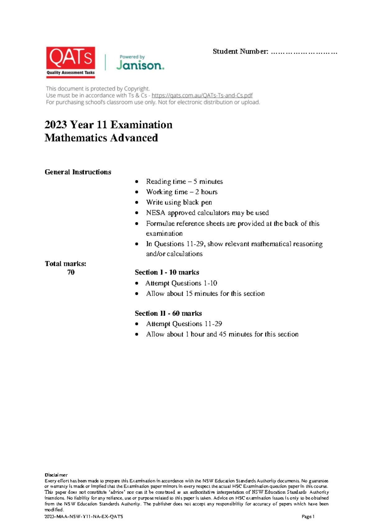 2023 MAA NSW Y11 Mathematics Advanced Exam Questions - Studocu
