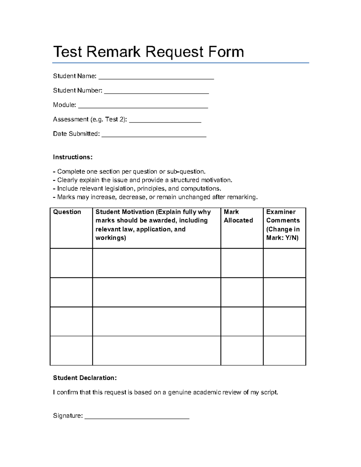 Remark Request Template - Test Remark Request Form Student Name