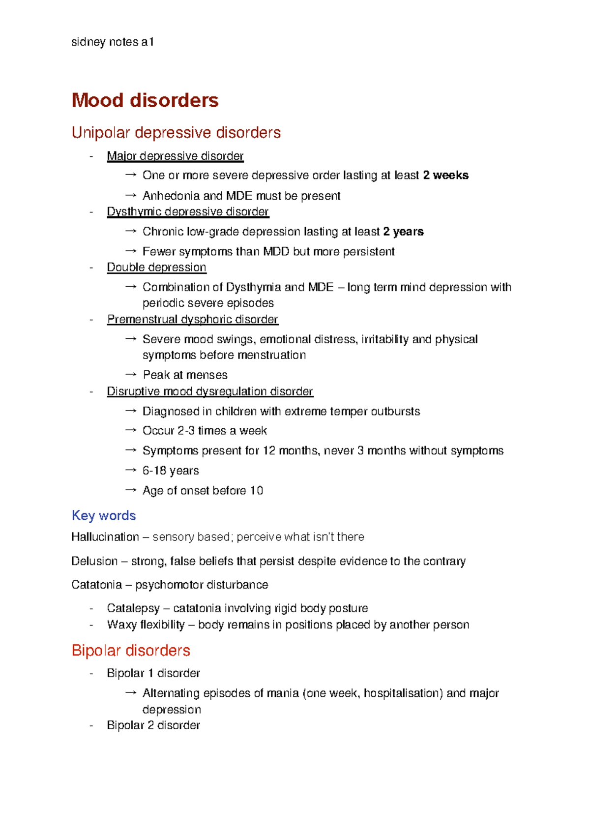 Psychology 314 A1: Comprehensive Notes on Mood and Anxiety Disorders ...