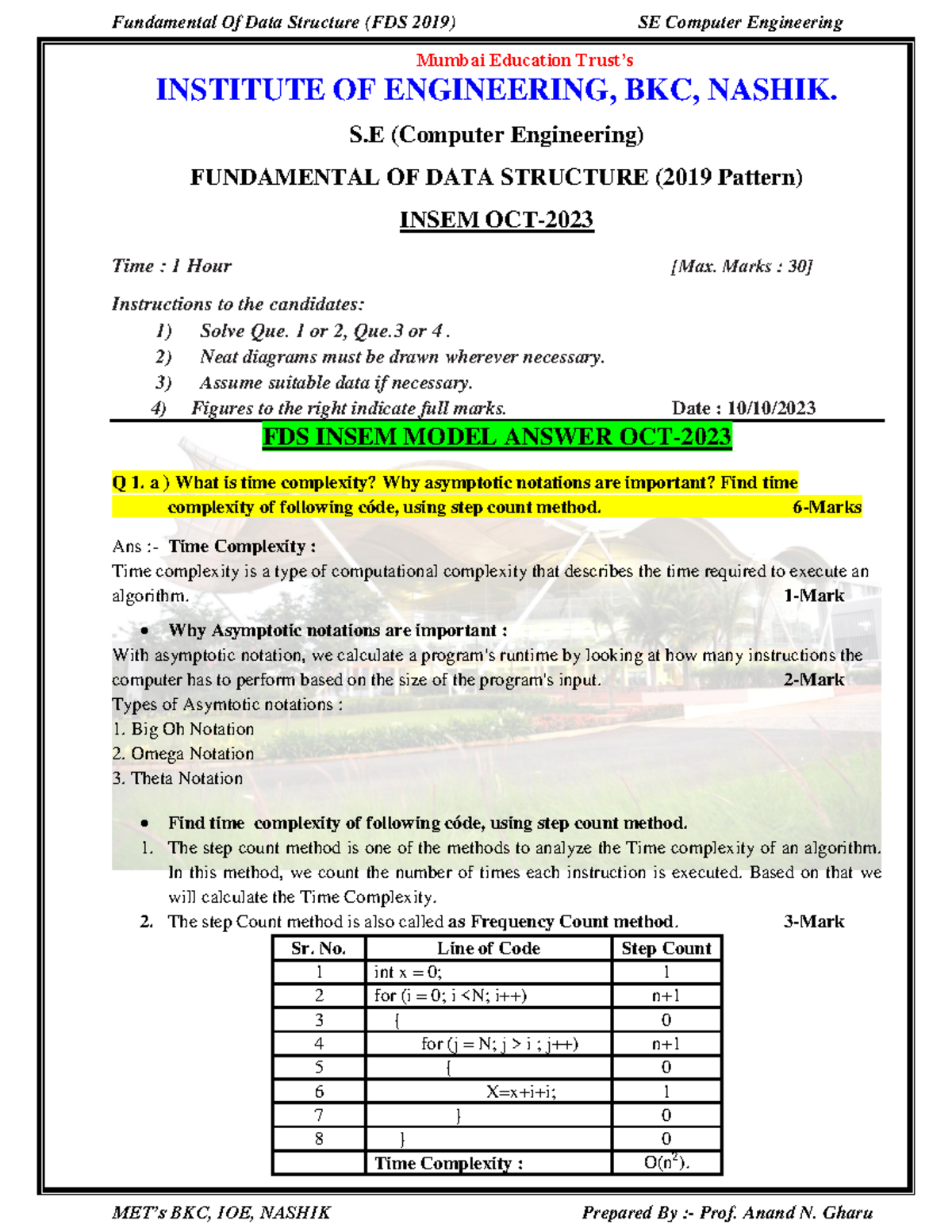 FDS S Computer Engineering Insem Model Answers Oct 2023 - Studocu