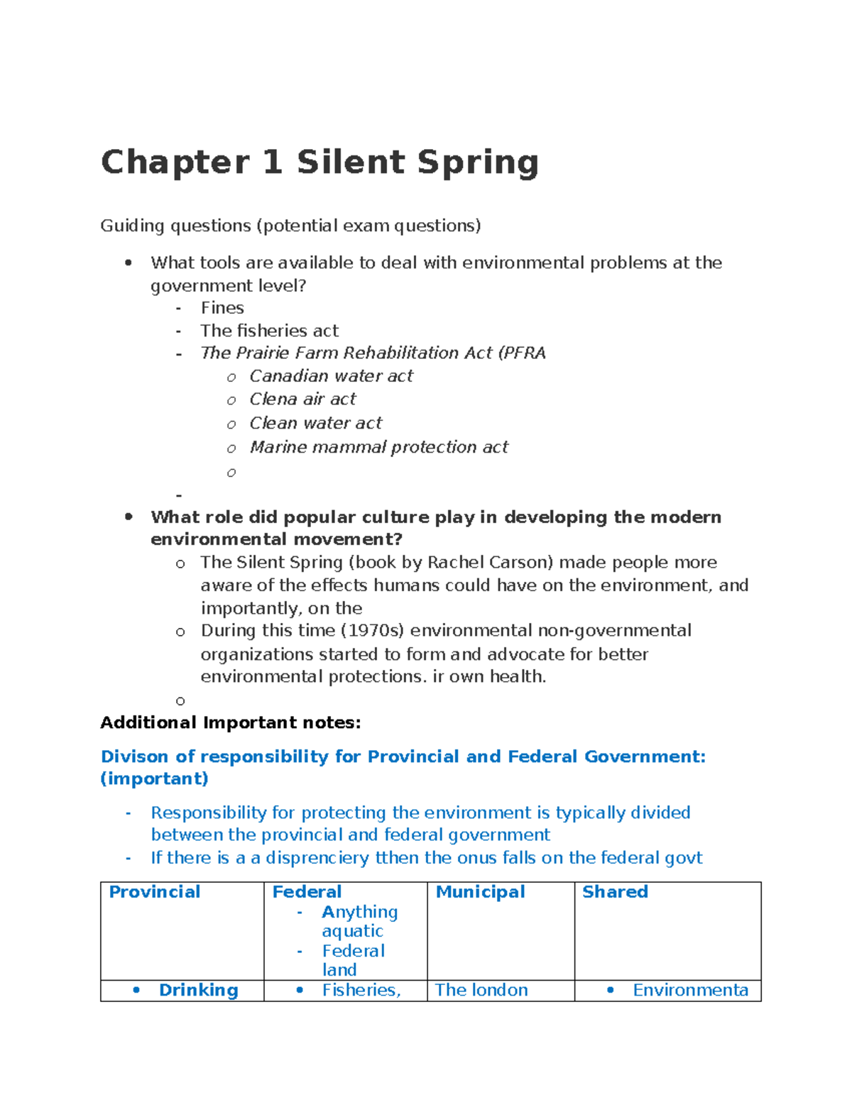 Enviro SCI 101: Chapter 1 & 3 Silent Spring Exam Prep Notes - Studocu
