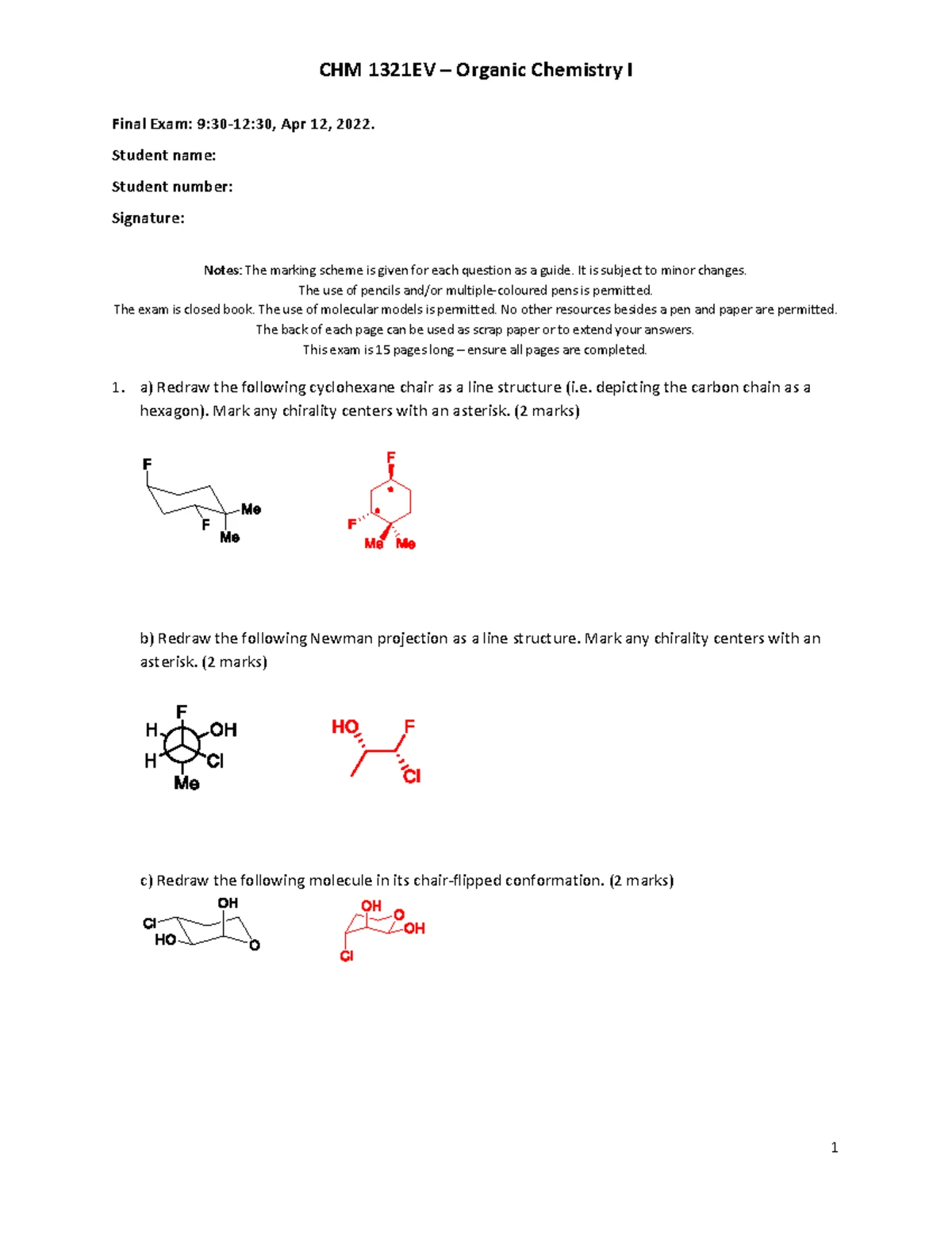 CHM1321 C: Organic Chemistry I Final Exam - April 2017 - Studocu