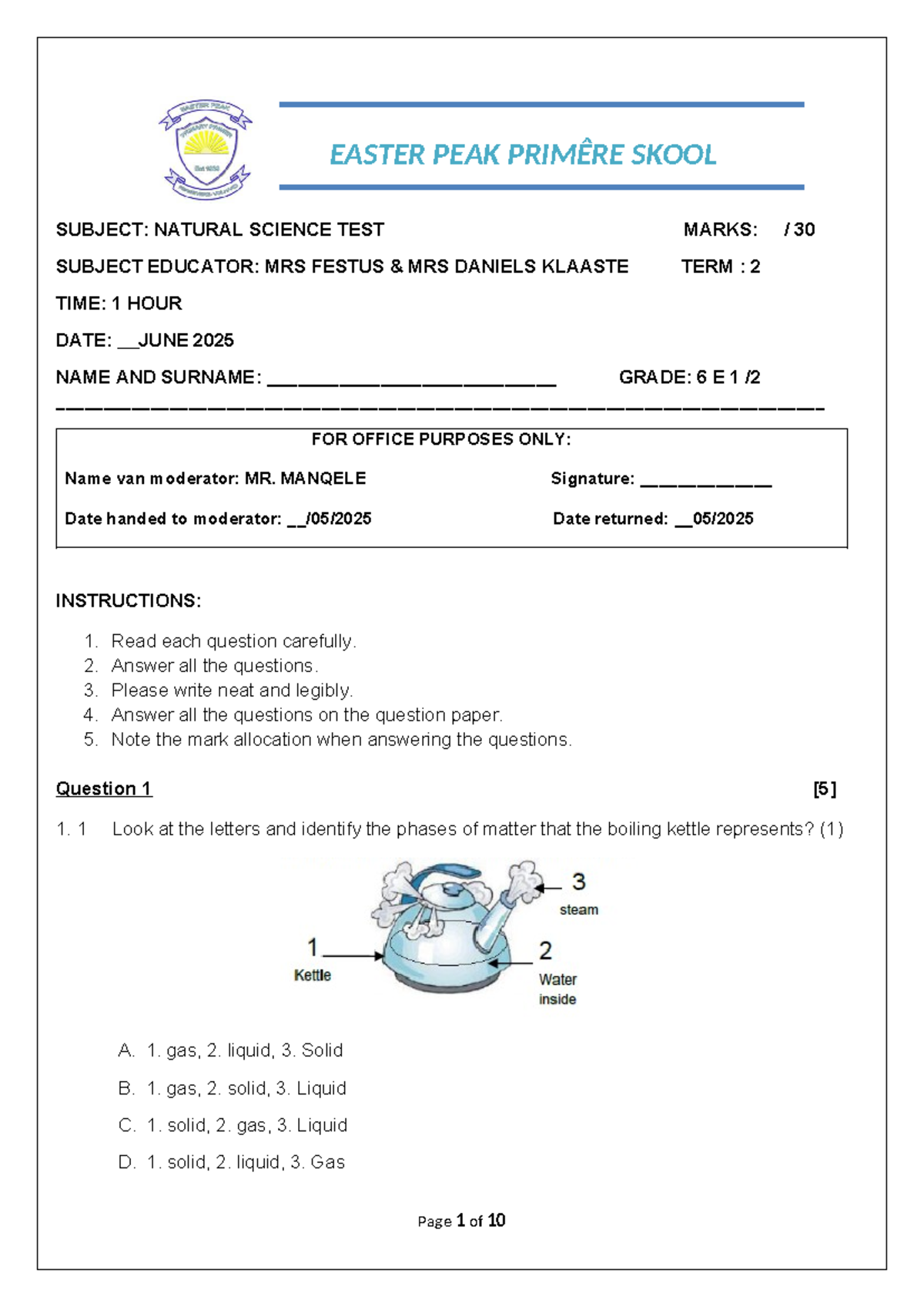NST NATURAL SCIENCE TEST TERM 2 GRADE 6 - JUNE 2025 - Studocu