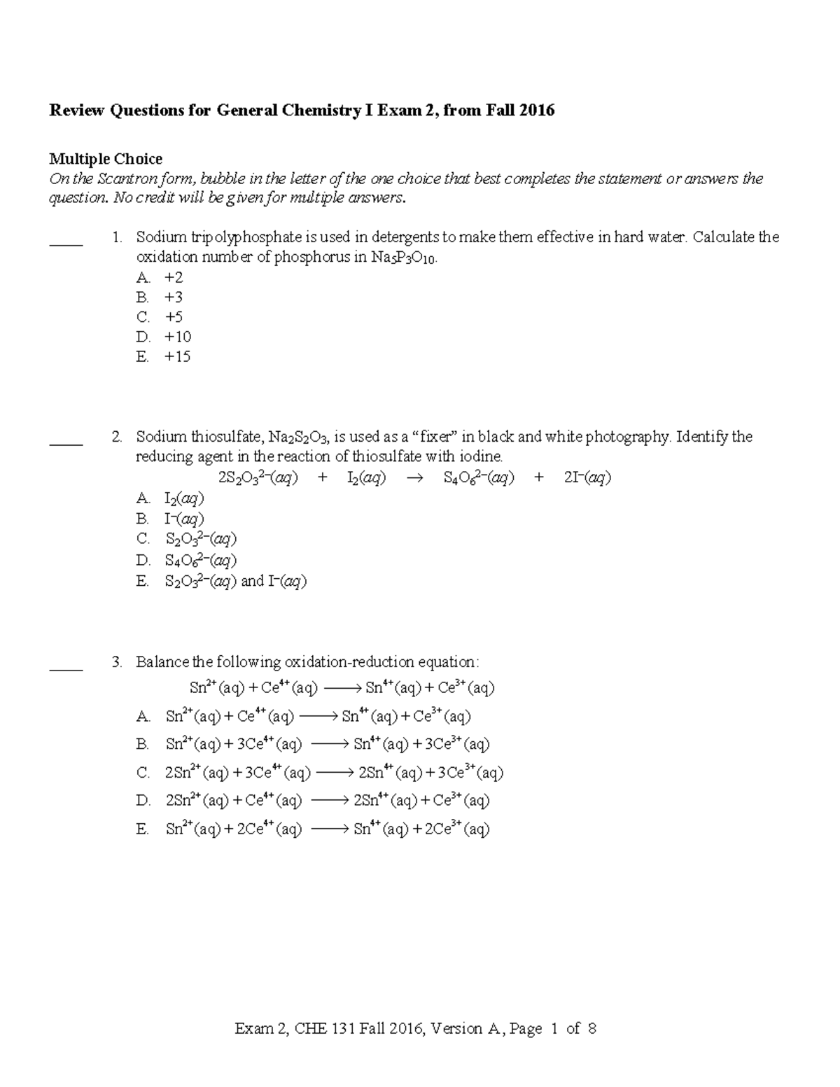 General Chemistry I Exam 2 Review Questions - F16 131 E2 - Studocu