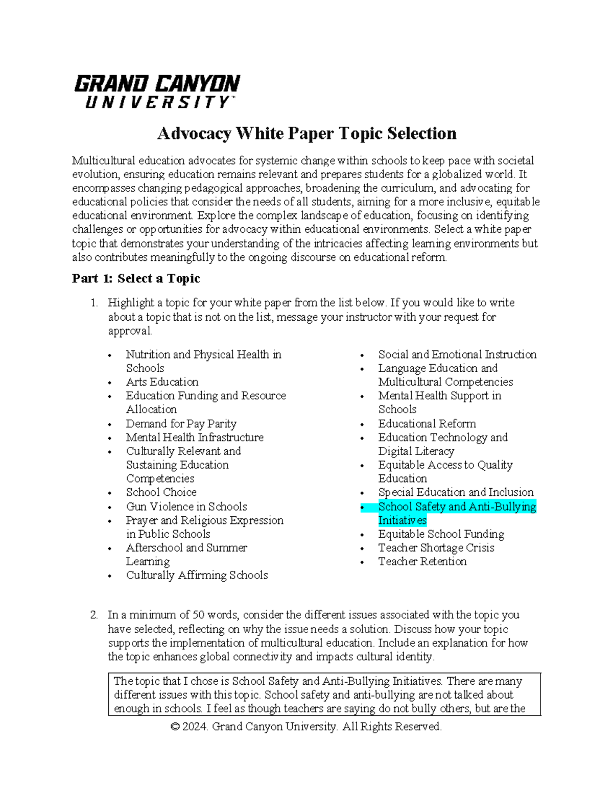 EDU-330-RS-T1-Selecting Advocacy Topics for White Paper on School ...