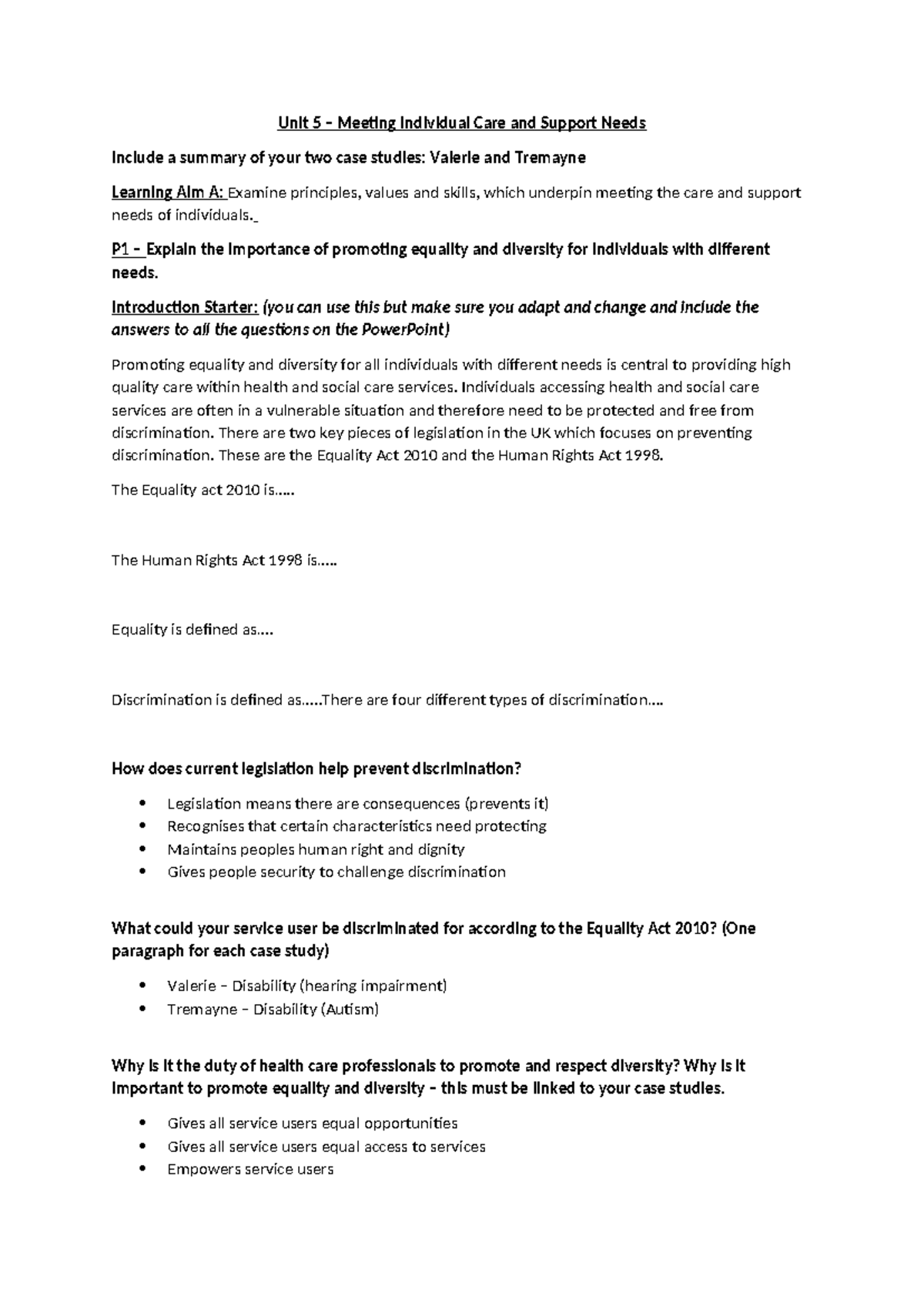 Unit 5: Meeting Individual Care Needs - Learning Aim A Help Sheet - Studocu