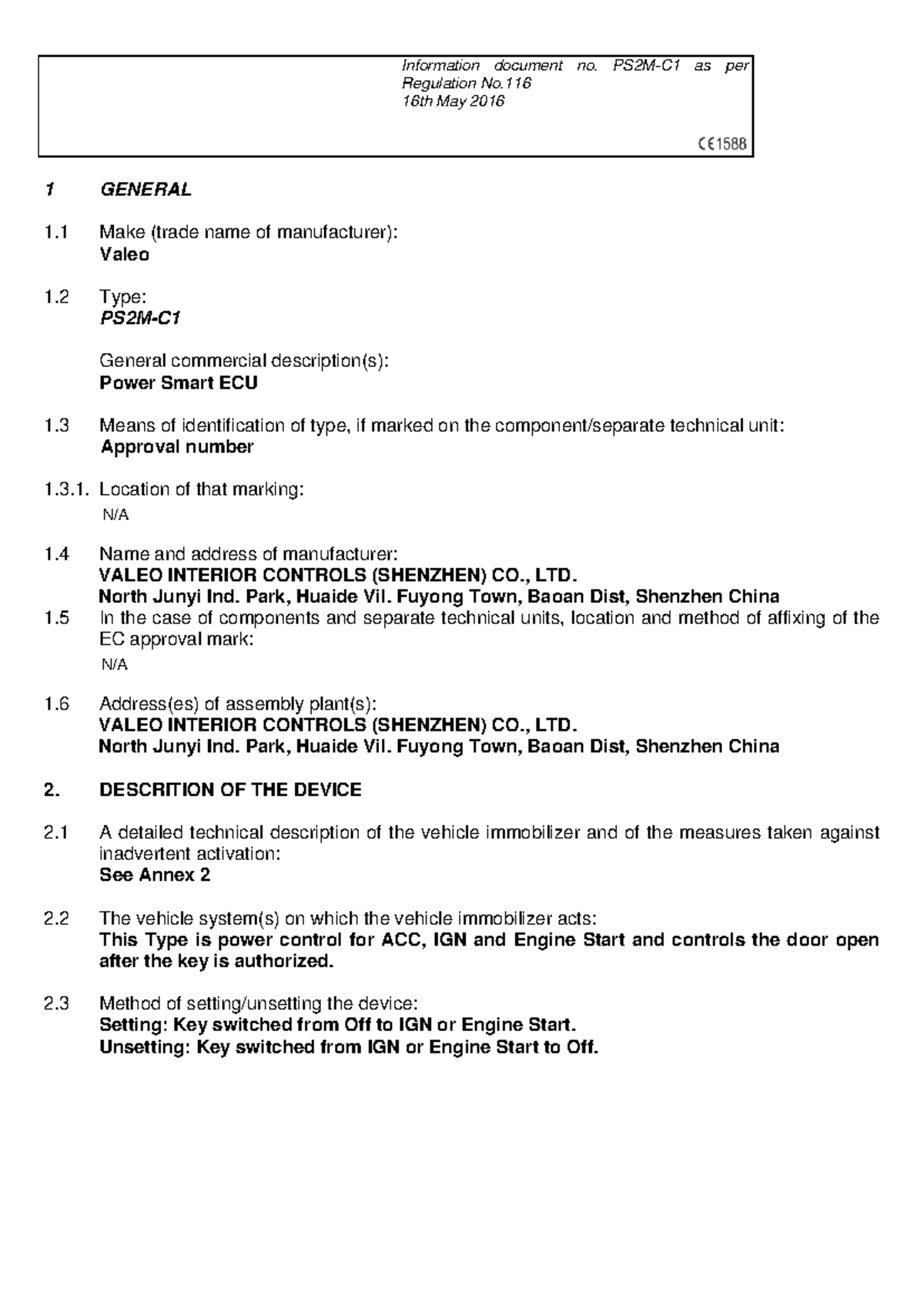 PEPS Valeo Chery - Technical Document as per Reg. No.116 - Studocu