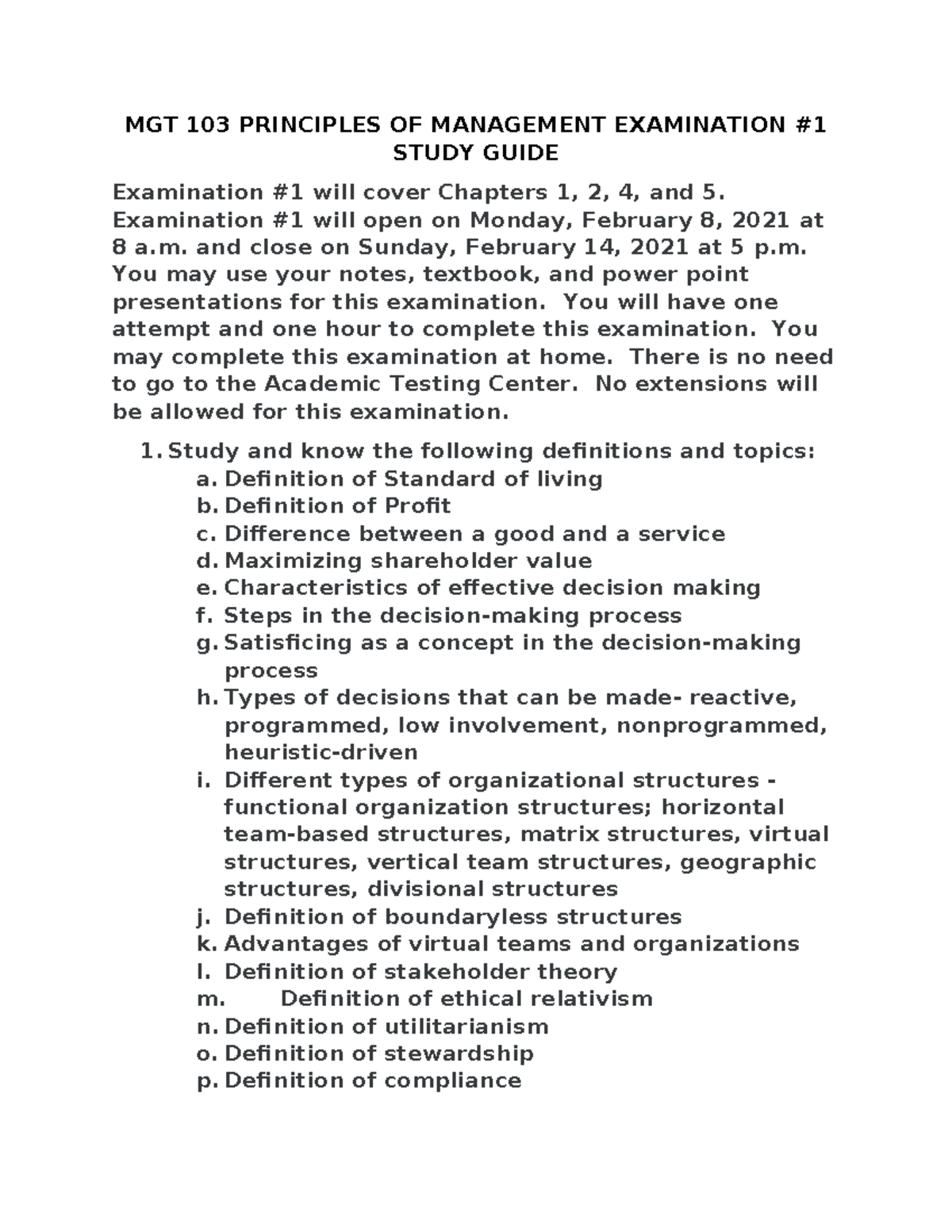 MGT 103 Principles OF Management Examination #1 Study Guide Spring 2021 ...