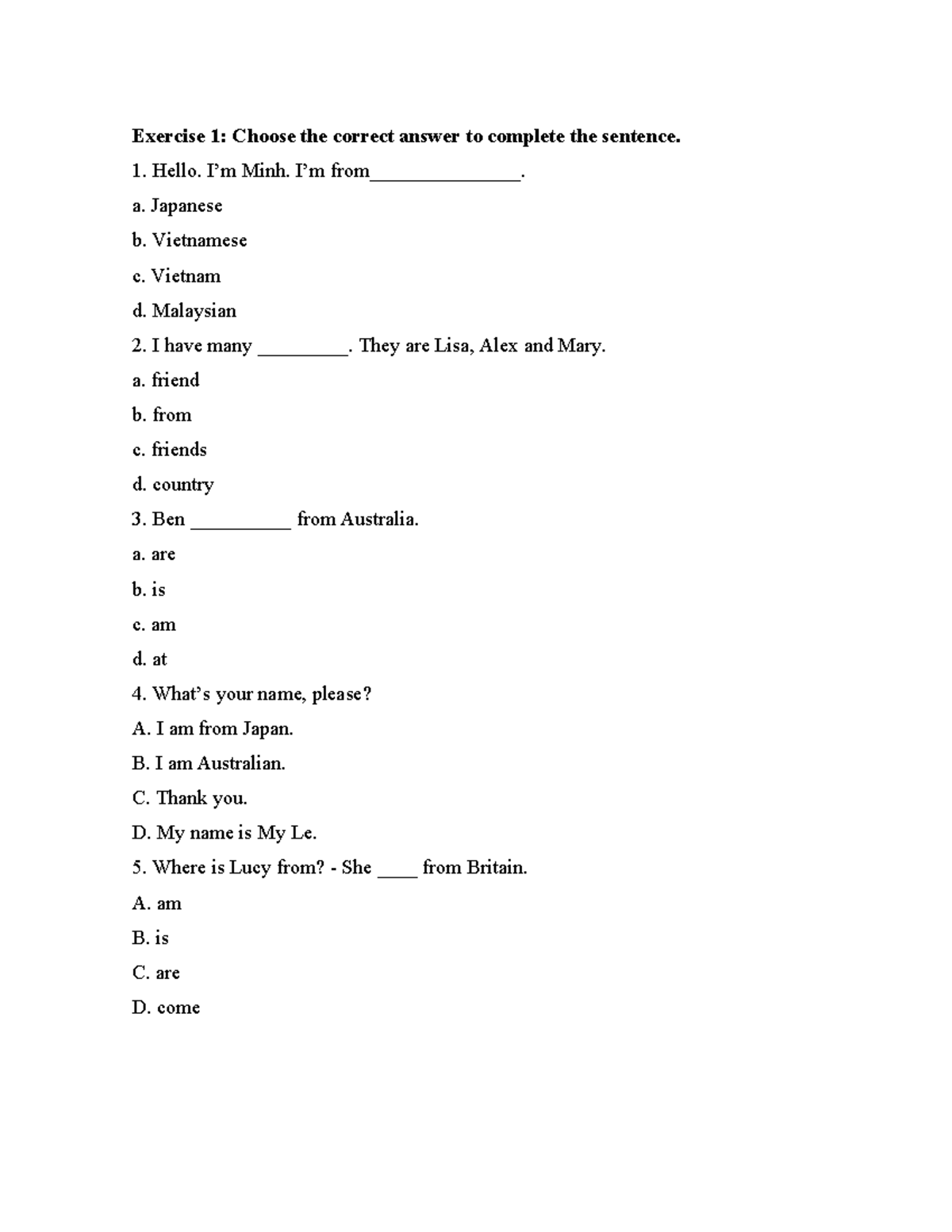 Exercise 1: Choose the Correct Answer - Bài tập - Studocu