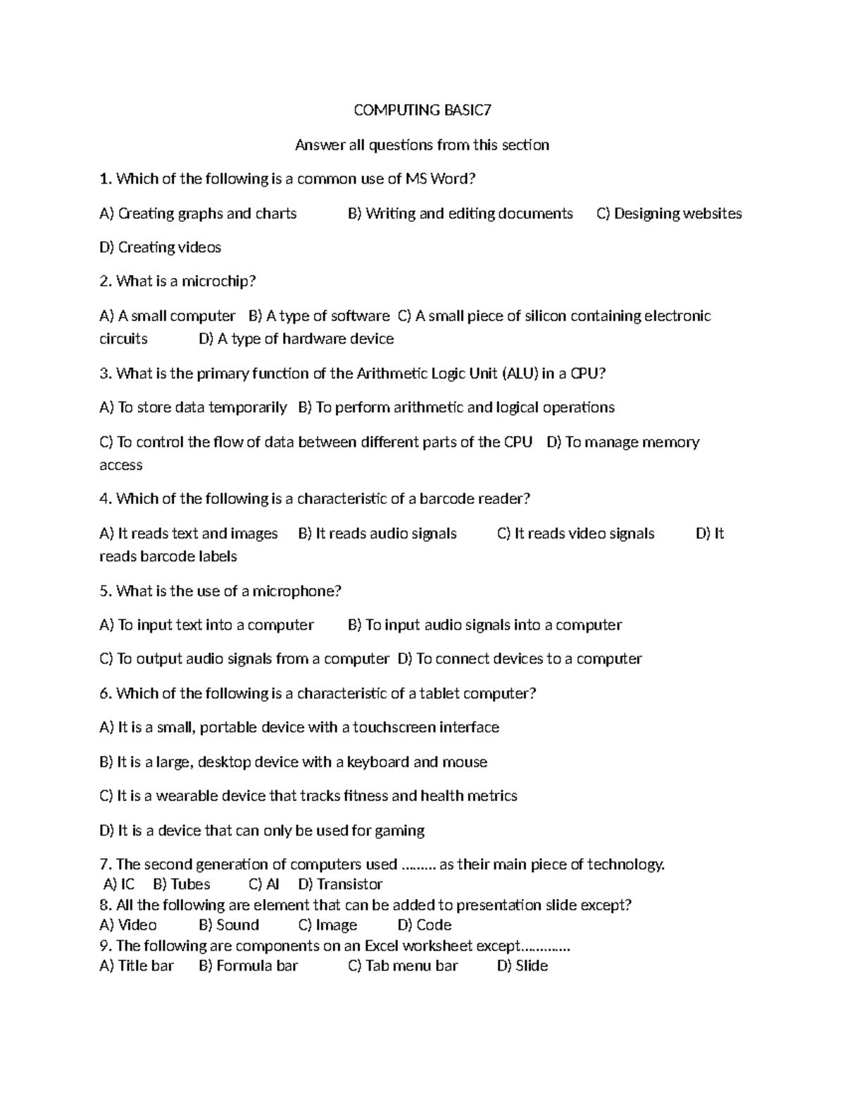 Computing Basics - Quiz B7 on MS Word, CPU, and Excel Features - Studocu