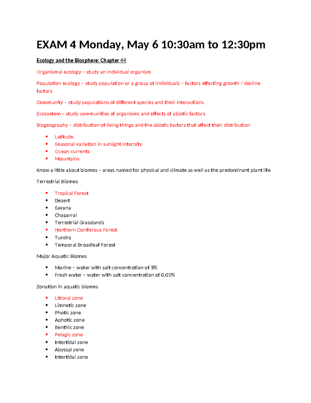 Exam 4 F 24 Study Guide - EXAM 4 Monday, May 6 10:30am to 12:30pm ...