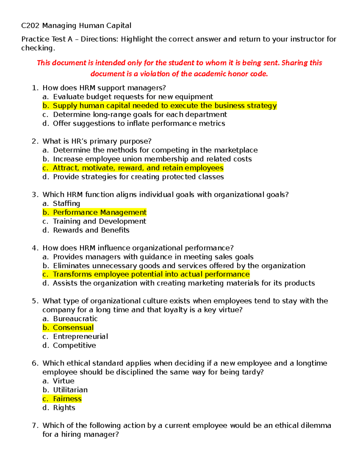 C202 Managing Human Capital - Practice Test A (Version 2) - Studocu