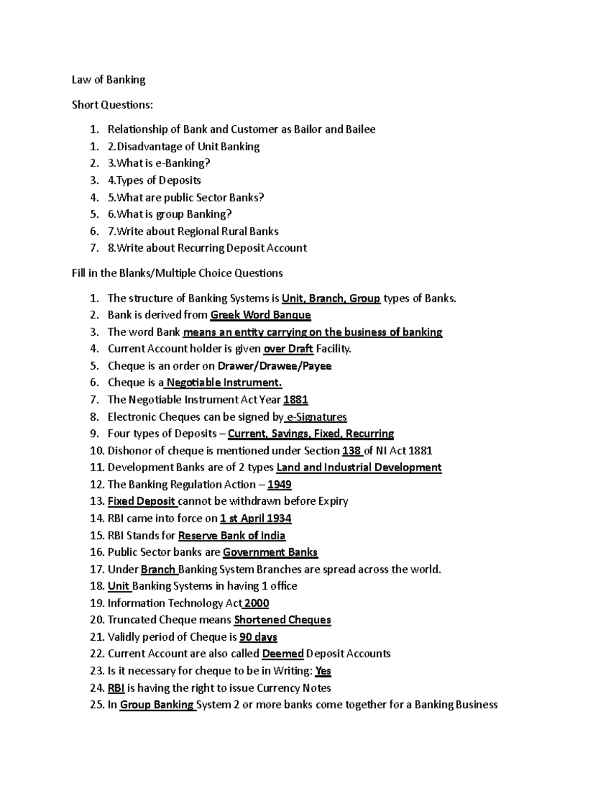 Law of Banking Internal Exam Short Questions and Answers - Studocu