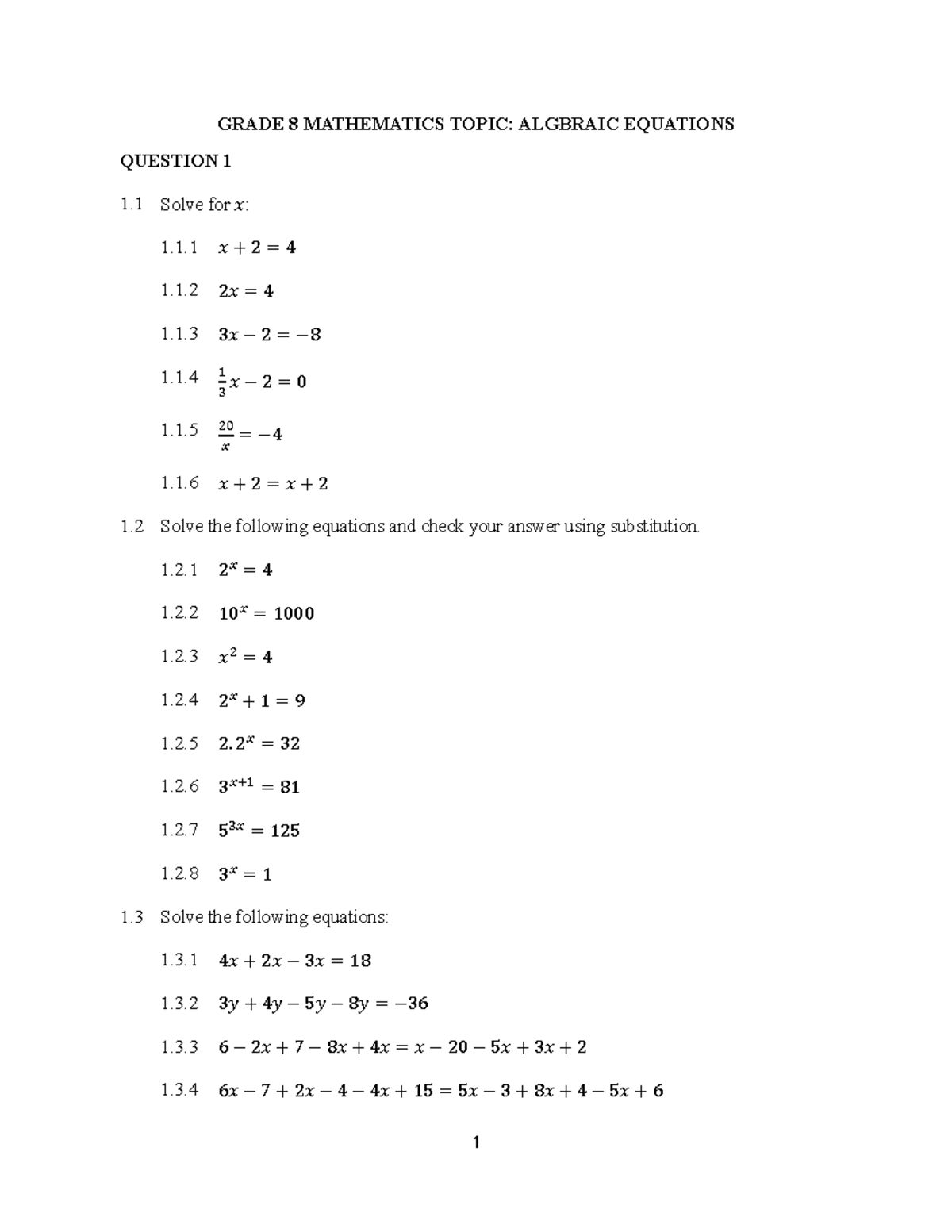 Grade 8 Mathematics: Algebraic Equations Worksheet 2025 - Studocu