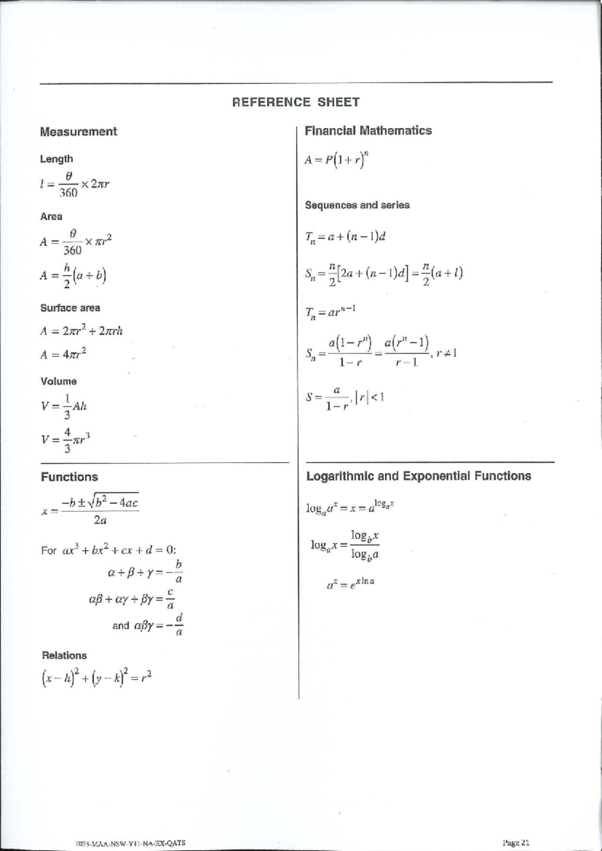 2023 QATS Year 11 Final Exam Mathematics Reference Sheet - Studocu