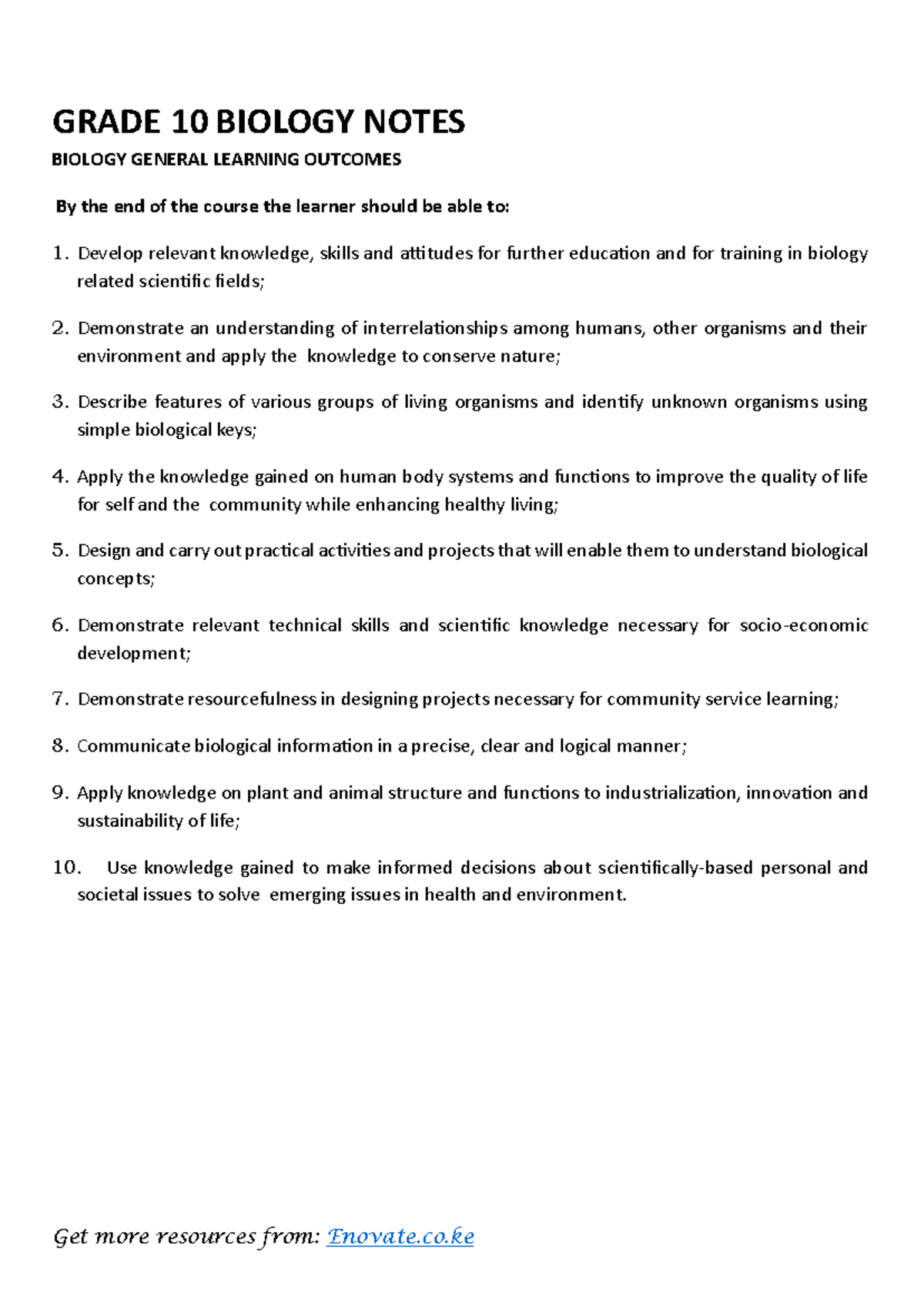 Grade 10 Biology Notes: General Learning Outcomes and Key Concepts ...