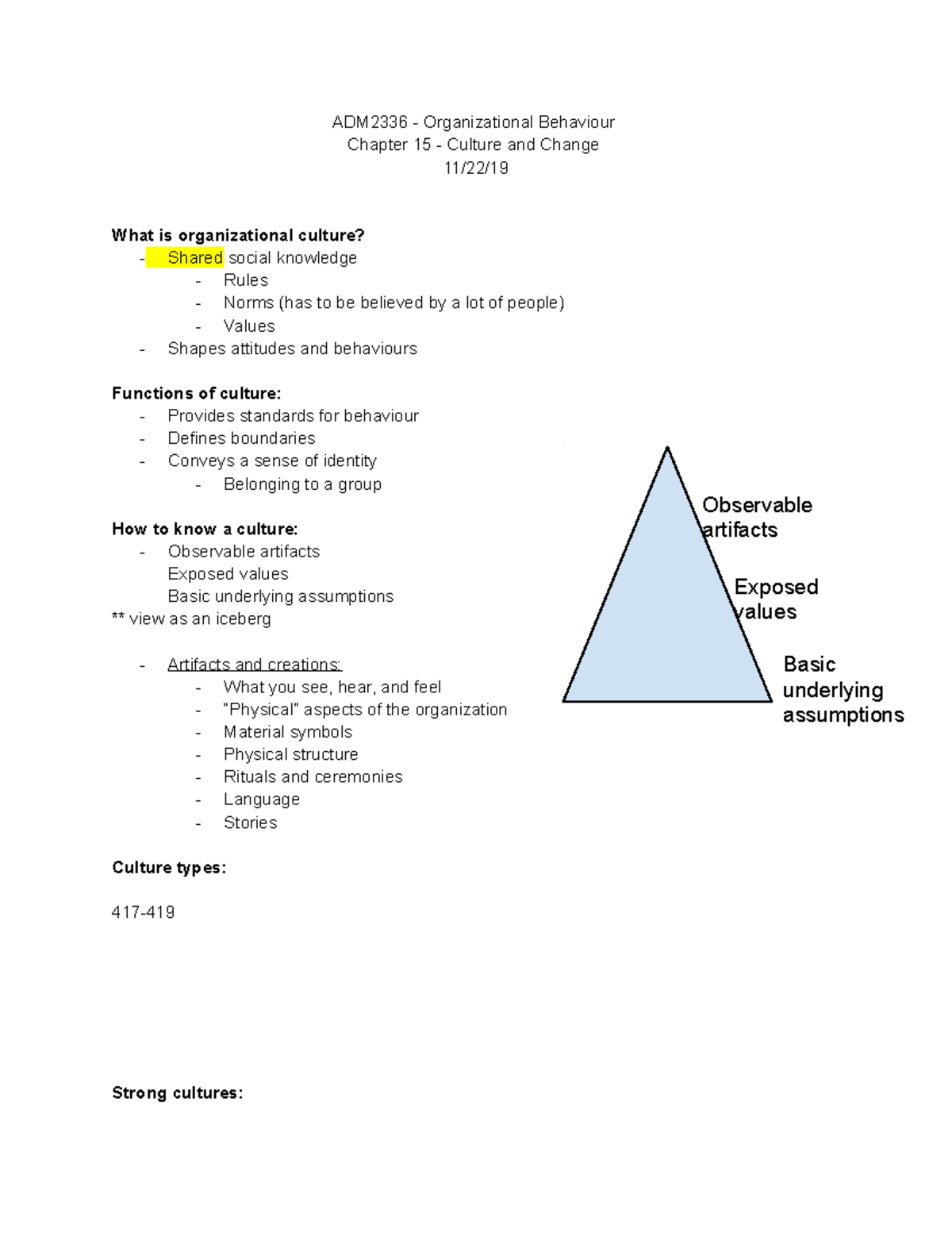 Chapter 15 - ADM2336 - Organizational Behaviour Chapter 15 - Culture ...