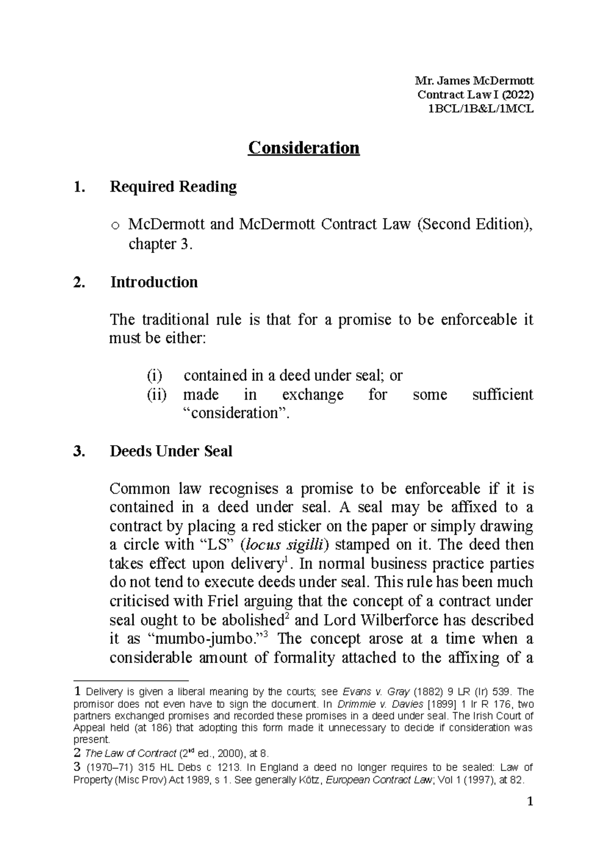 Contract Law 2022 Topic 3 Consideration - Mr. James McDermott Contract ...