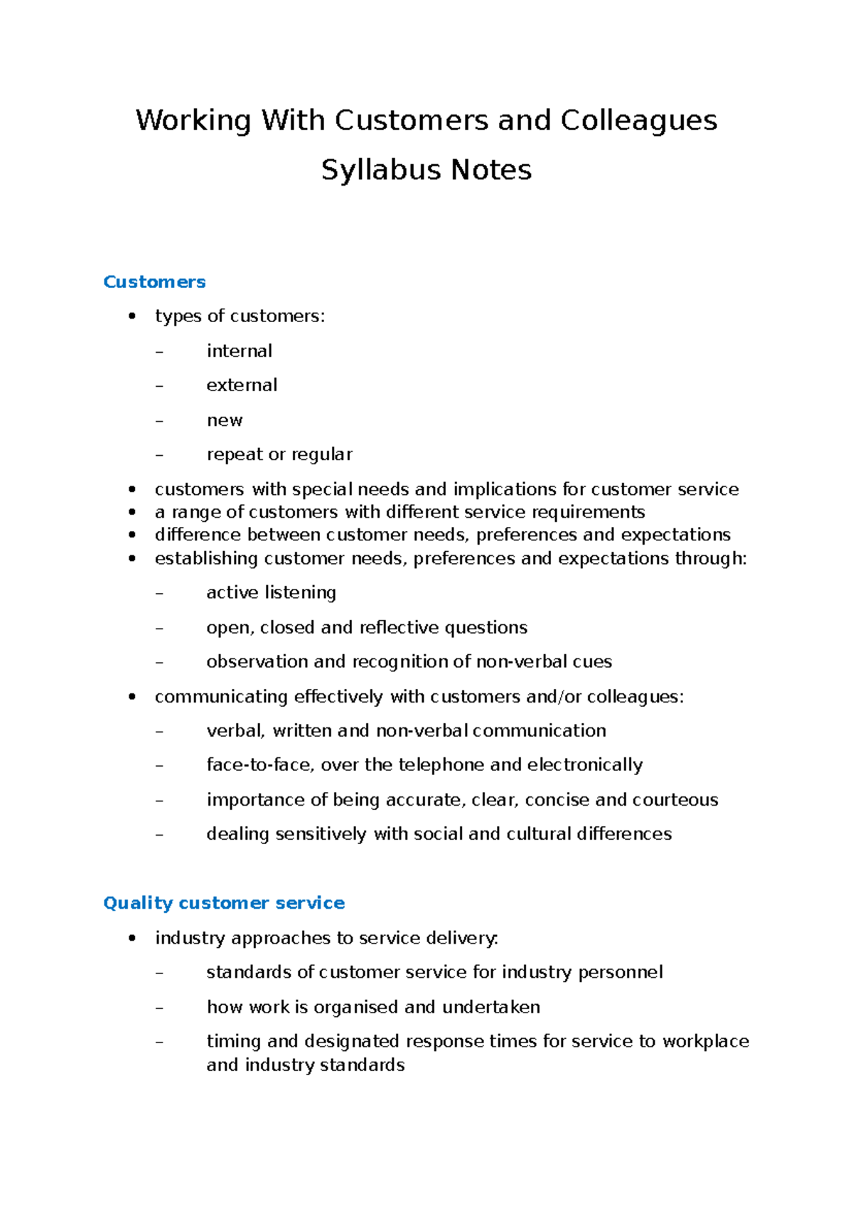 Working With Customers and Colleagues: Syllabus Notes for HOSP101 - Studocu