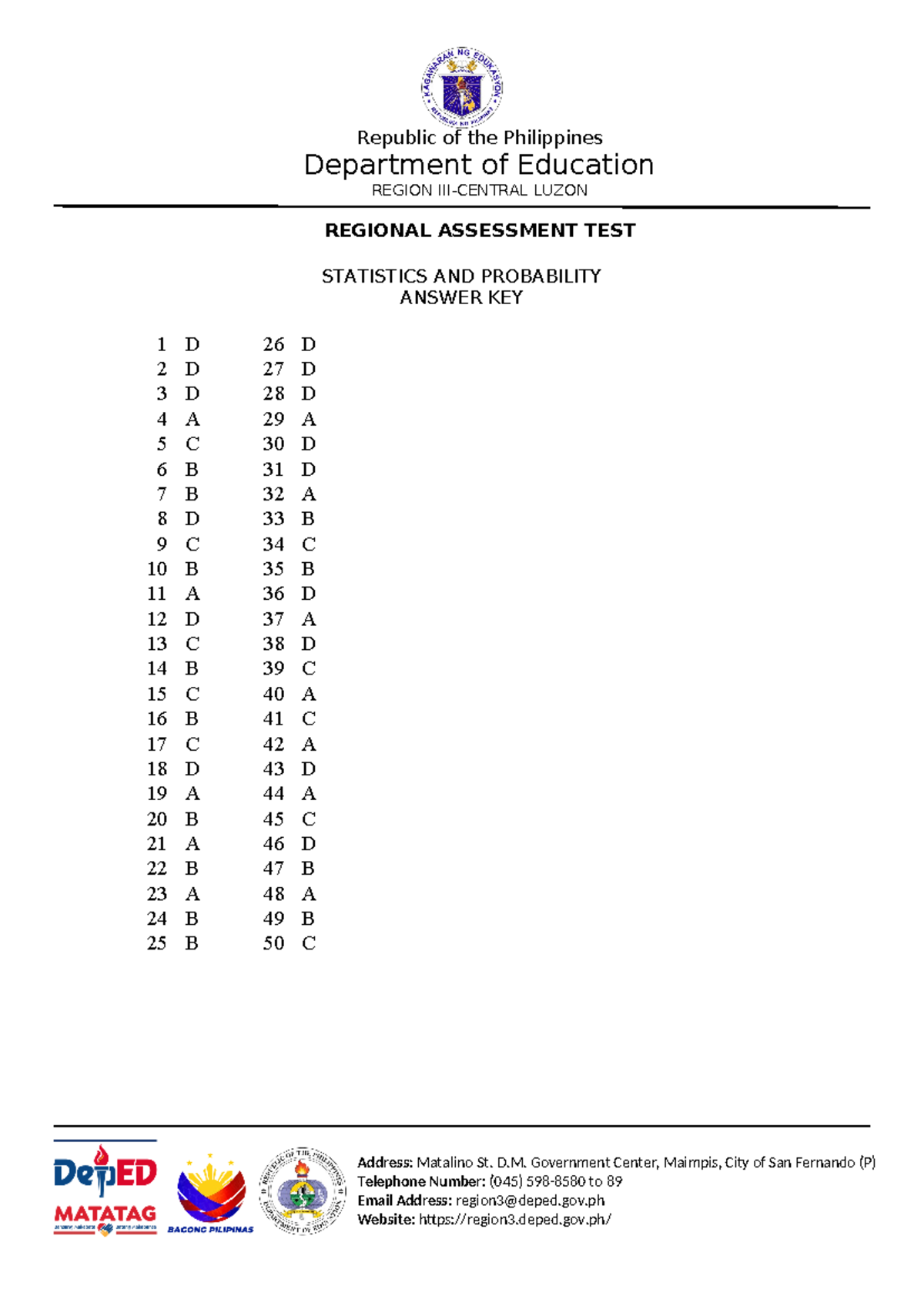 RAT AK Statistics & Probability Grade 11 Answer Key - Studocu