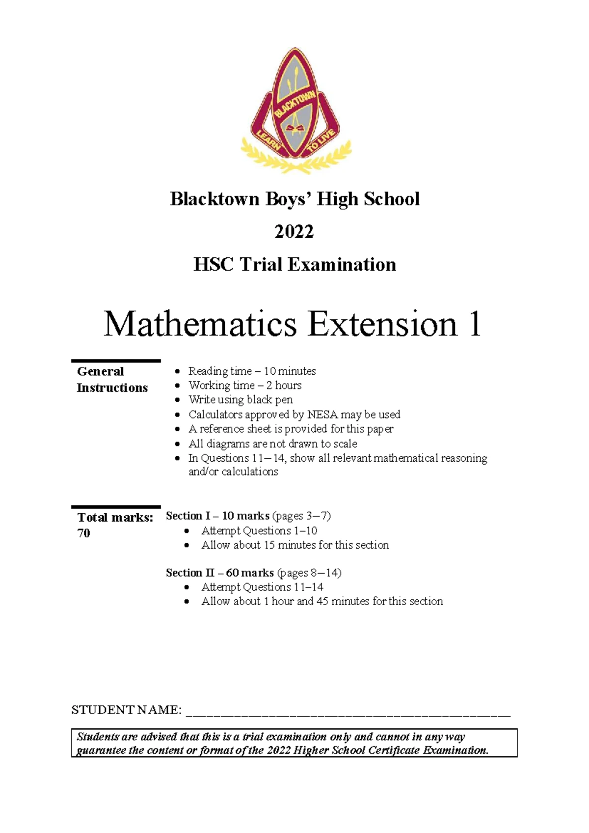 Caringbah High School Year 12 2022 Mathematics Extension 2 HSC Trial ...