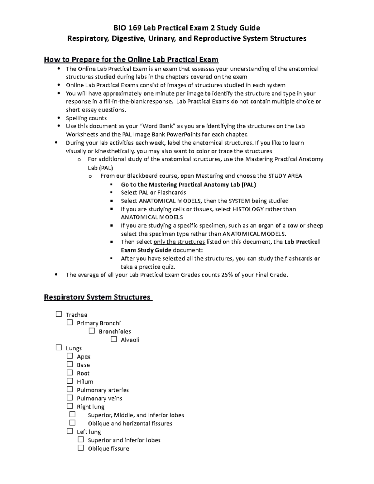 BIO 169 Lab Practical 2 SP23 Study Guide: Anatomy of Body Systems - Studocu