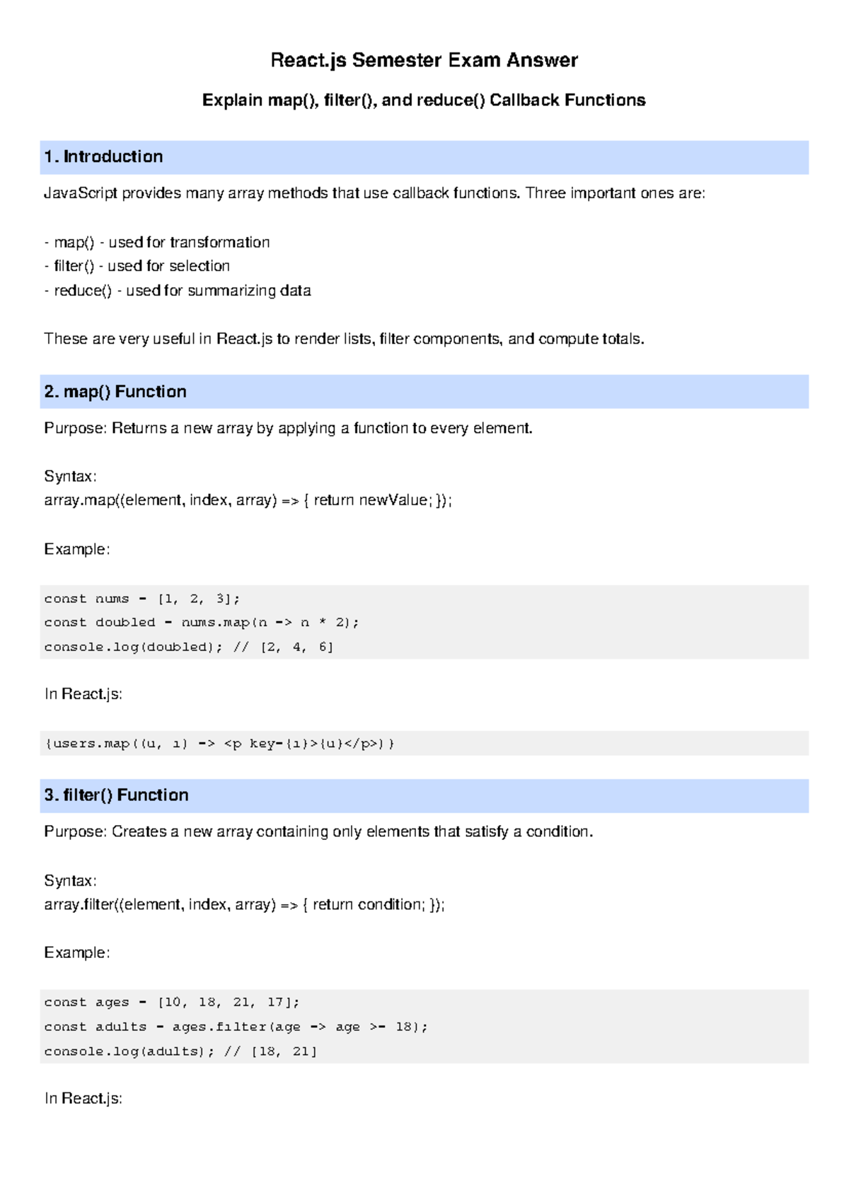 React.js Semester Exam: Explaining map(), filter(), and reduce ...