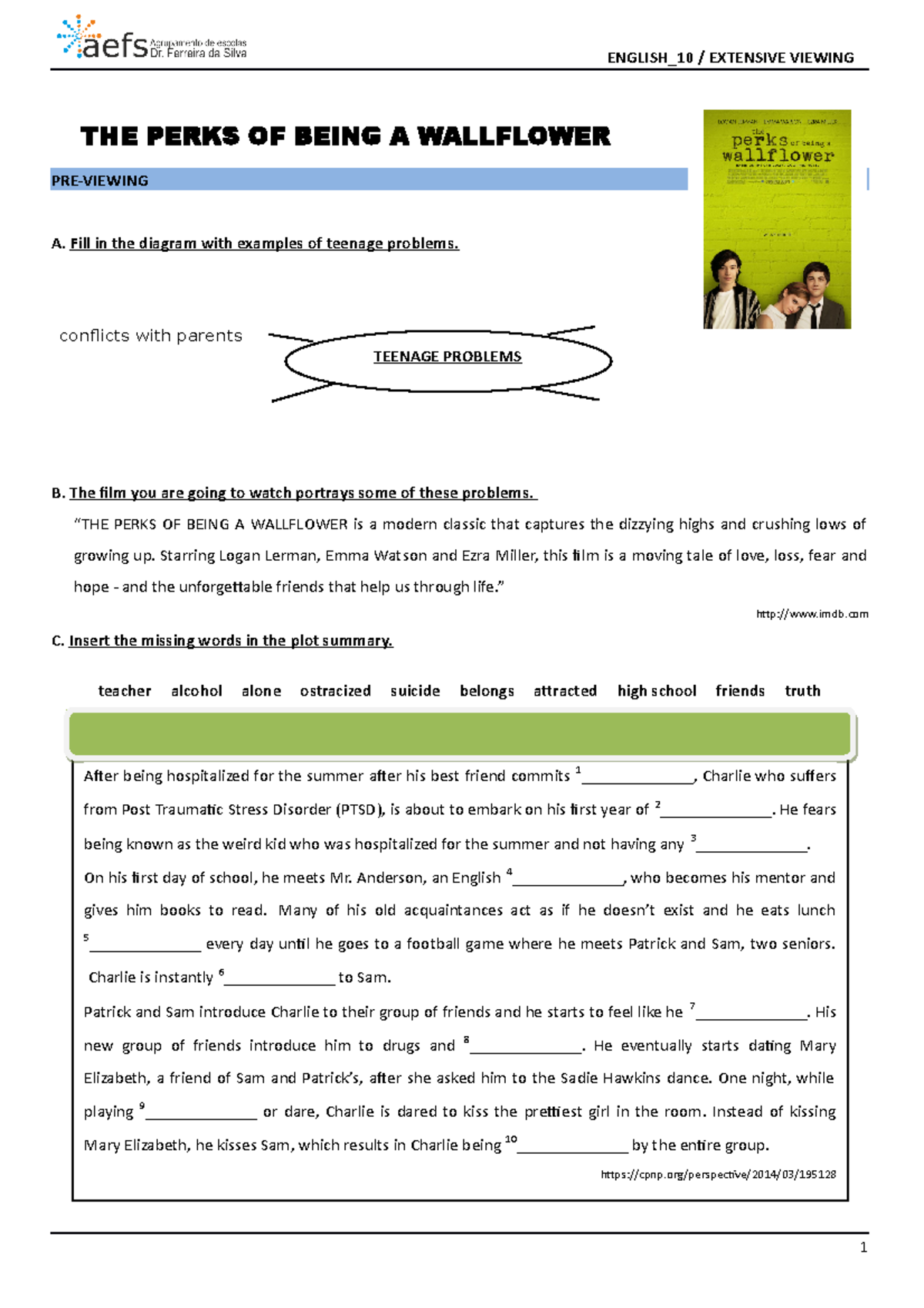 The Perks of Being a Wallflower Film Worksheet Analysis - Studocu