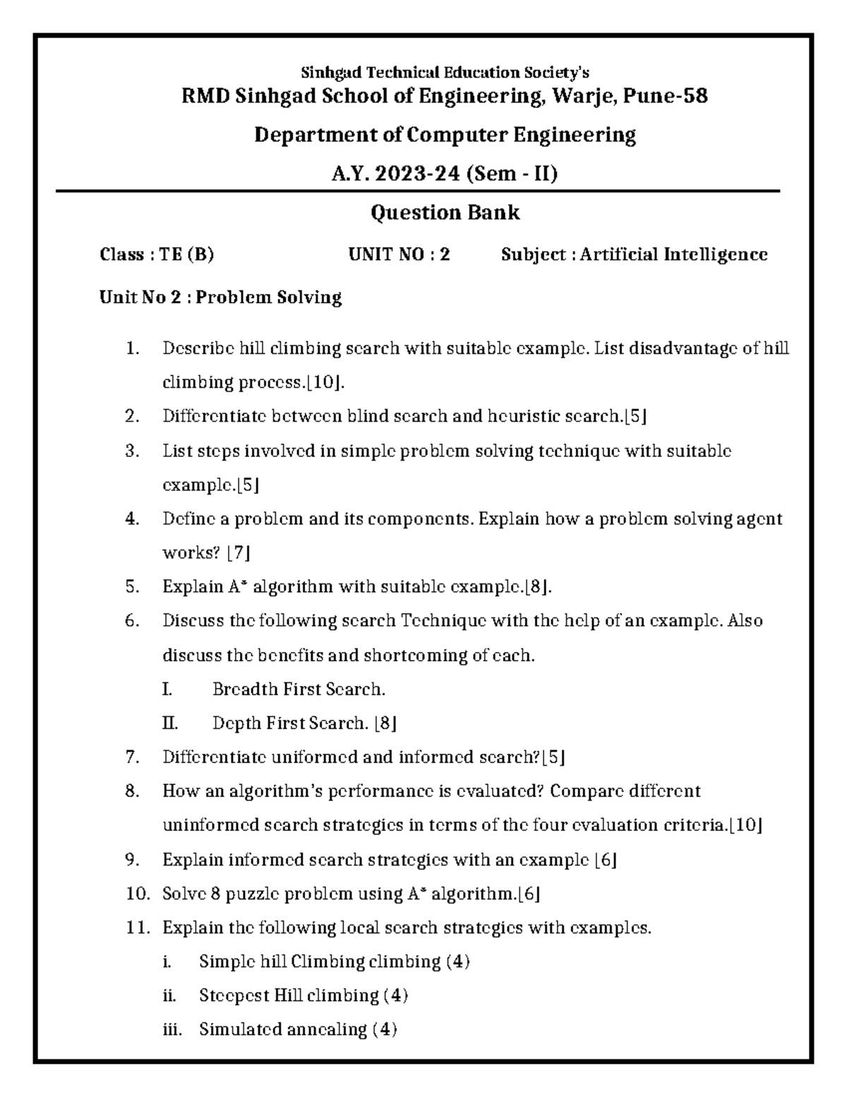 Question Bank TE (B) Sem II: AI Unit 2 - Problem Solving Techniques ...
