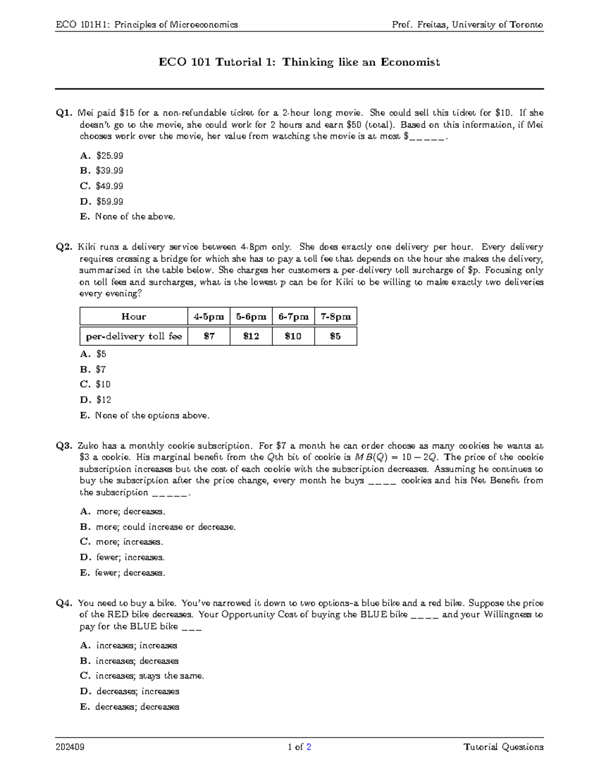 ECO 101H1: Microeconomics Tutorial 1 Questions and Answers - Studocu