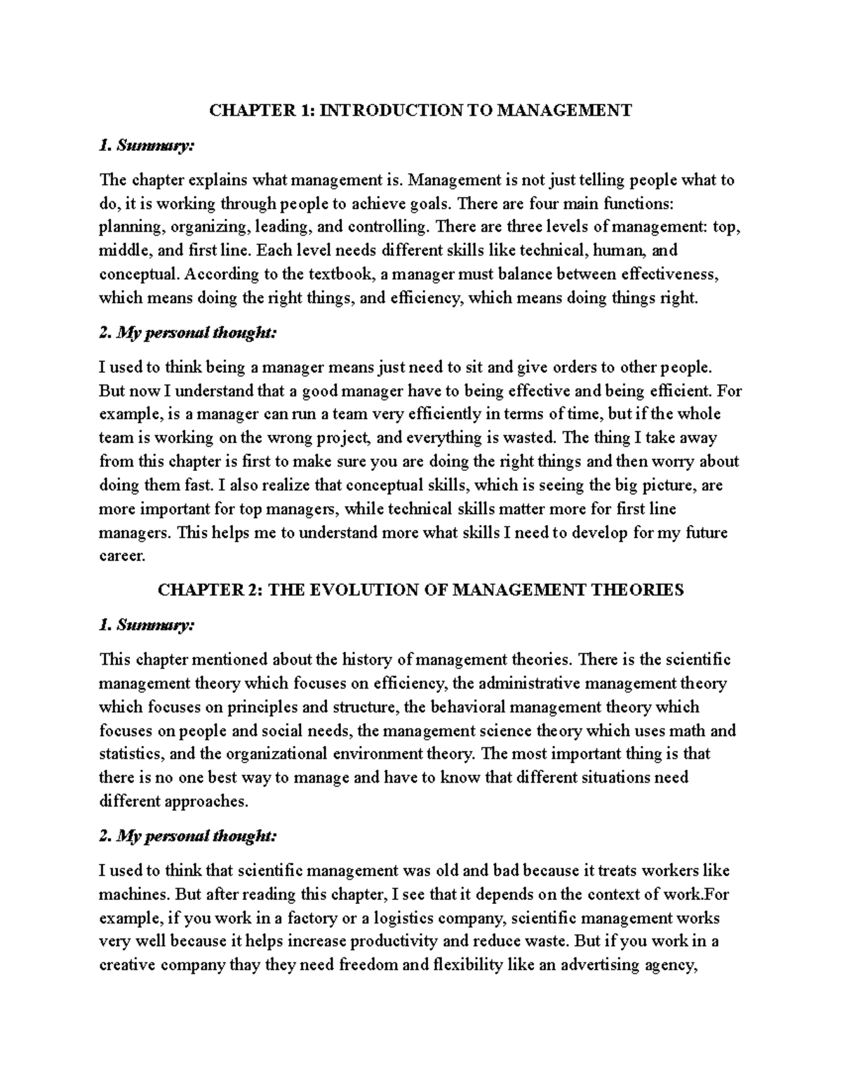 MANAGEMENT 101: CHAPTERS 1-9 SUMMARY & PERSONAL INSIGHTS - Studocu