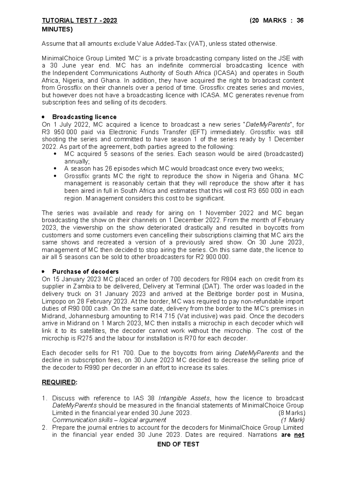 Tut test 7 2023 - Inventory and IA - TUTORIAL TEST 7 - 2023 ( 20 MARKS ...