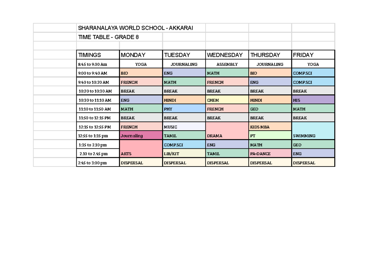 SHARANALAYA WORLD SCHOOL GRADE 8 TIMETABLE 2025-26 - Studocu