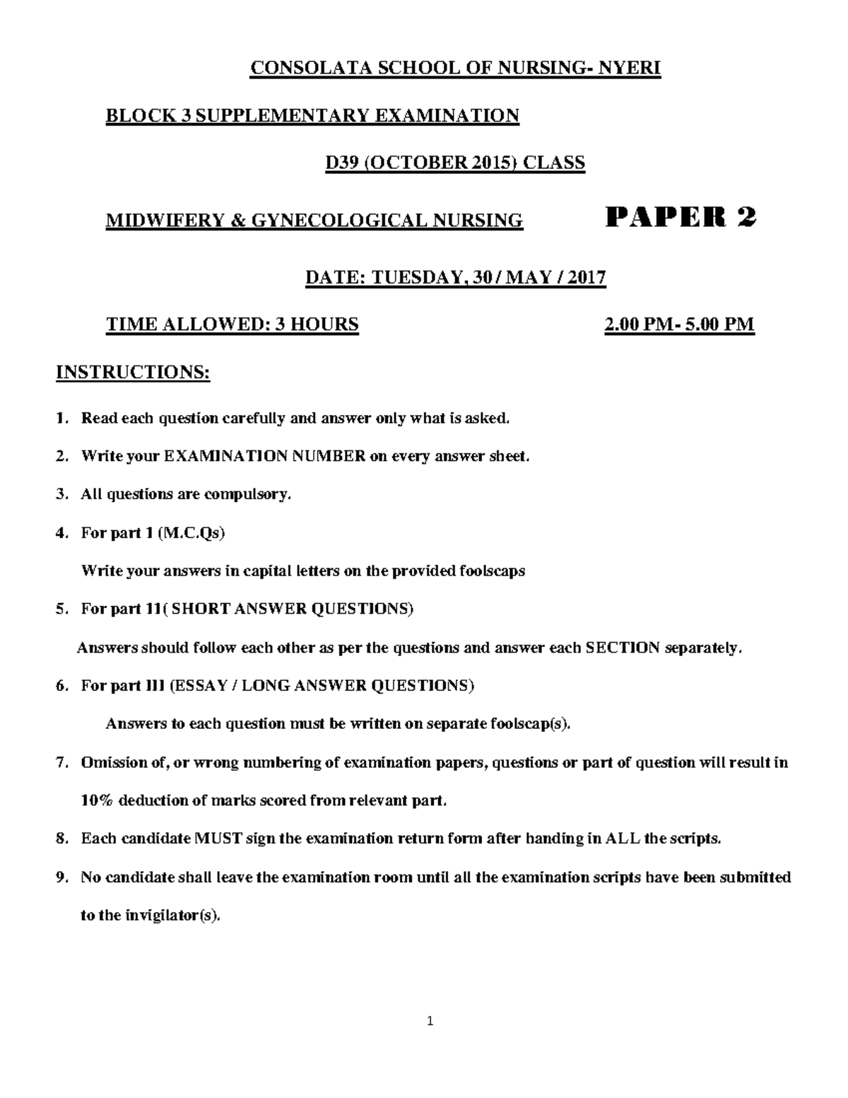 D39 Block 3 Supplementary Exam: Midwifery Gynecological Nursing Paper 2 ...