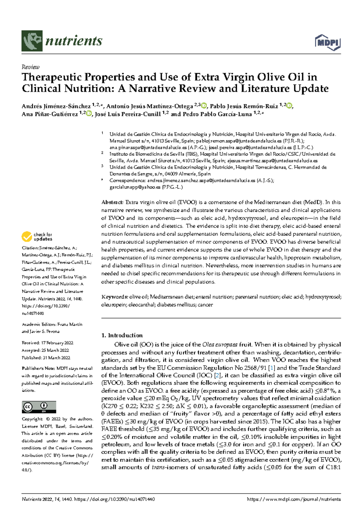 Nutrients 2022, 14, 1440: Therapeutic Use of Extra Virgin Olive Oil in ...