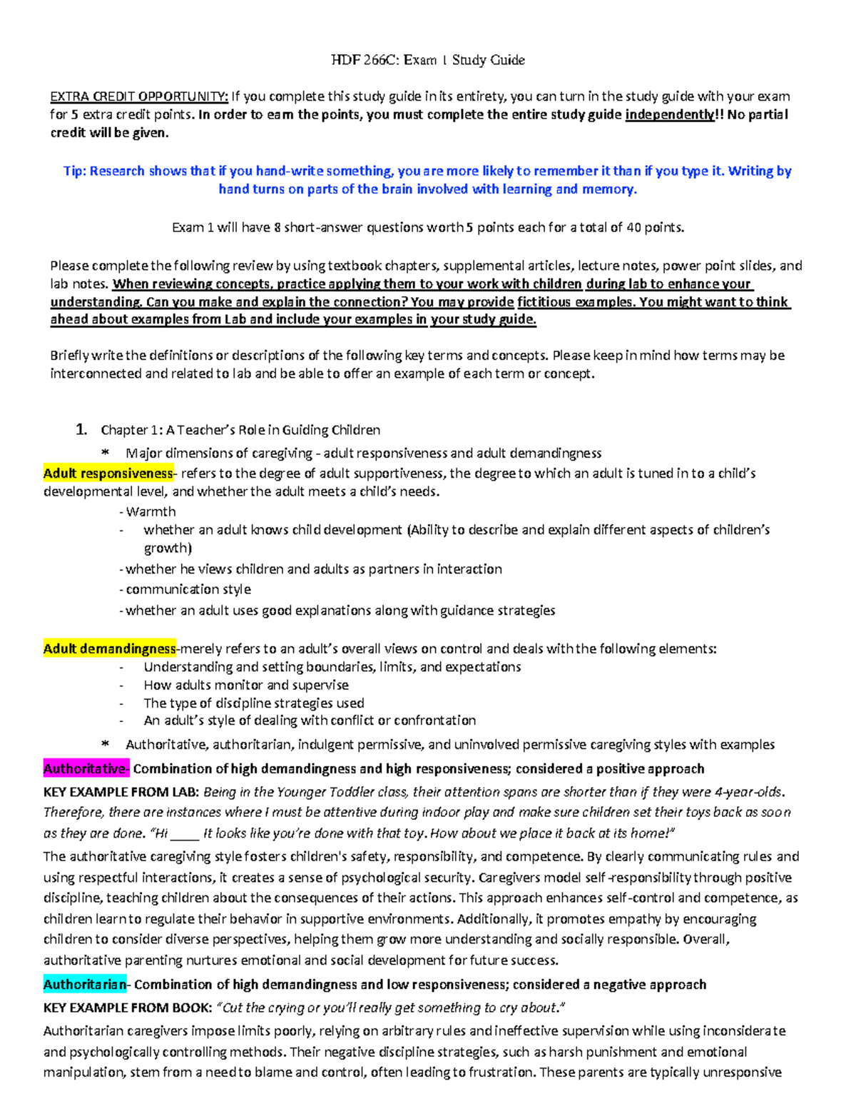HDF 266C: Fall 2024 Exam 1 Study Guide & Key Concepts - Studocu