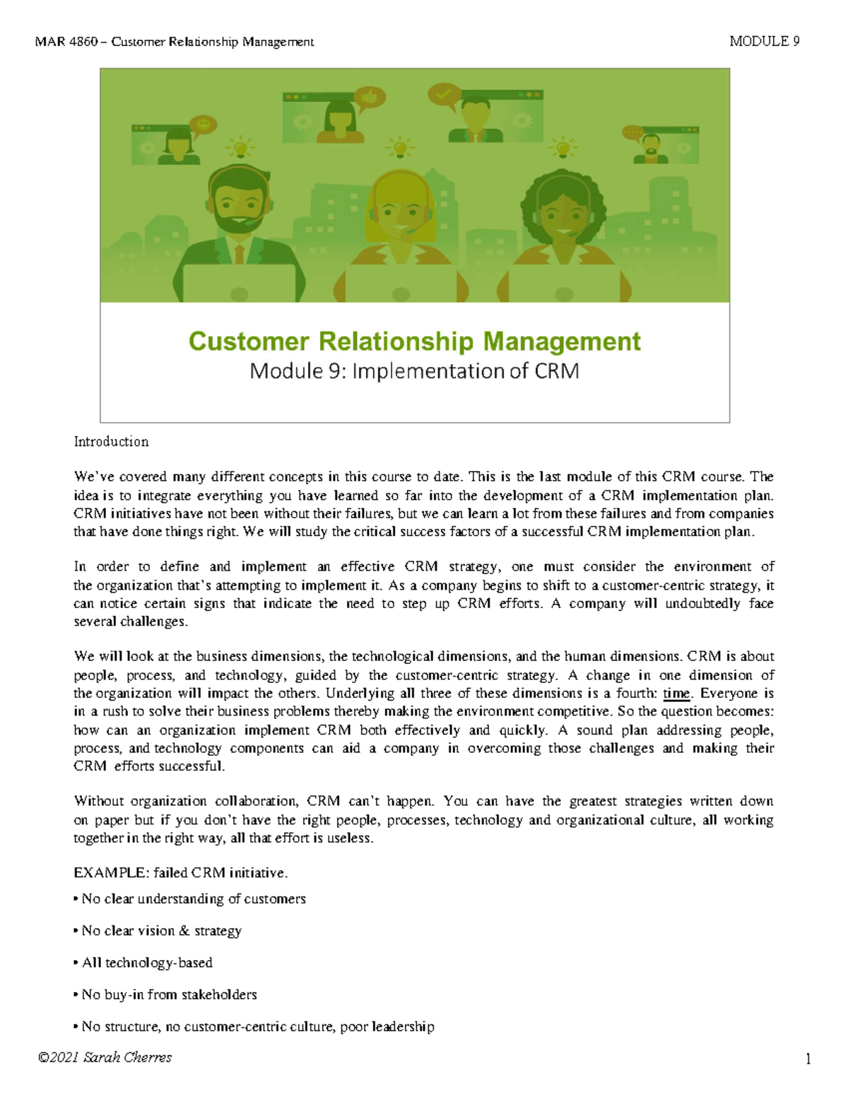 MAR 4860 Customer Relationship Management MODULE 9: CRM Implementation ...