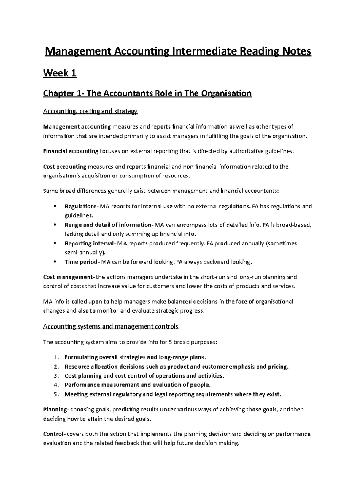 Management Accounting Intermediate Reading Notes - Week 1 & 3 Summary ...
