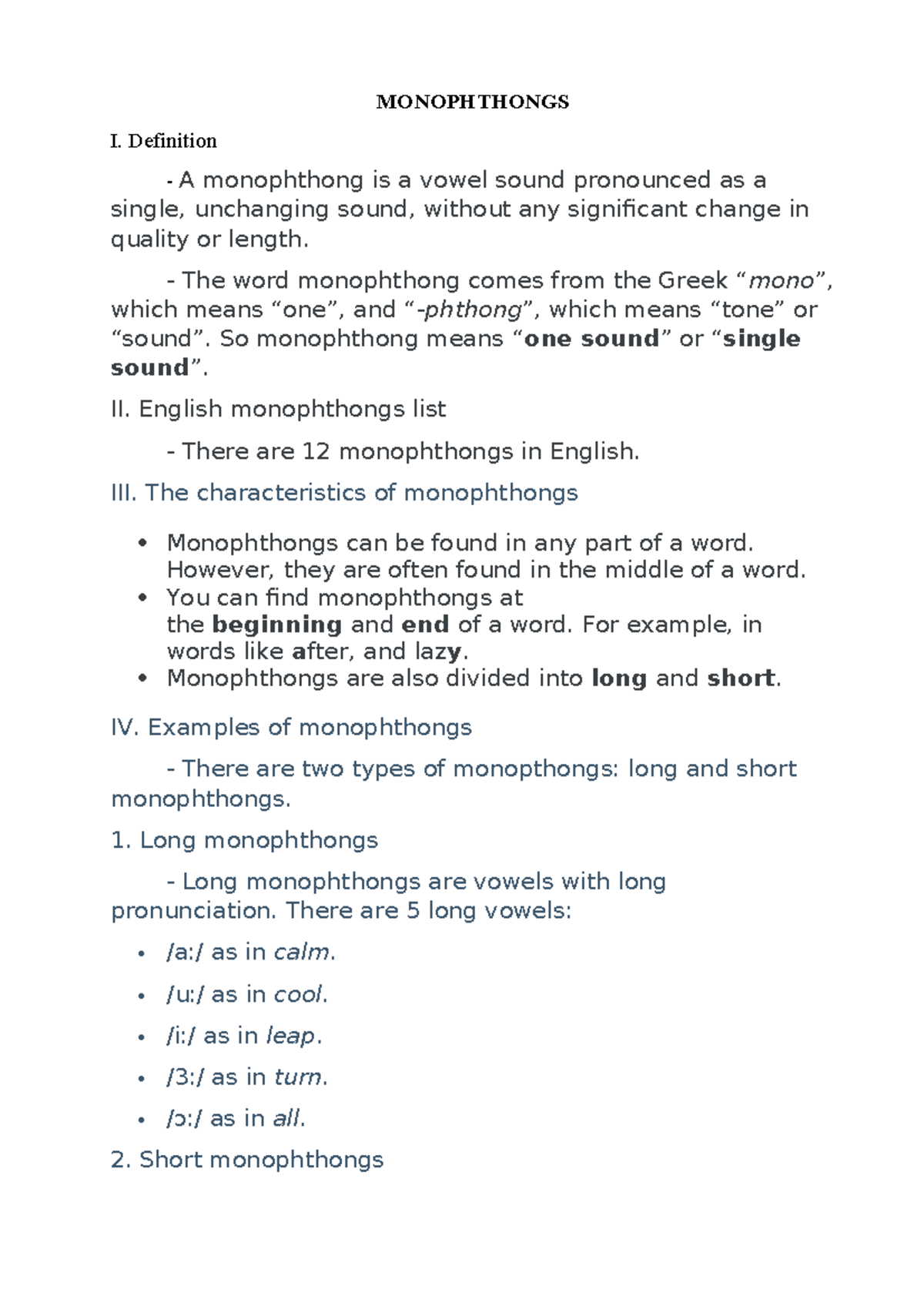 ENG 101: Monophthongs - Definition, Types, and Examples - Studocu