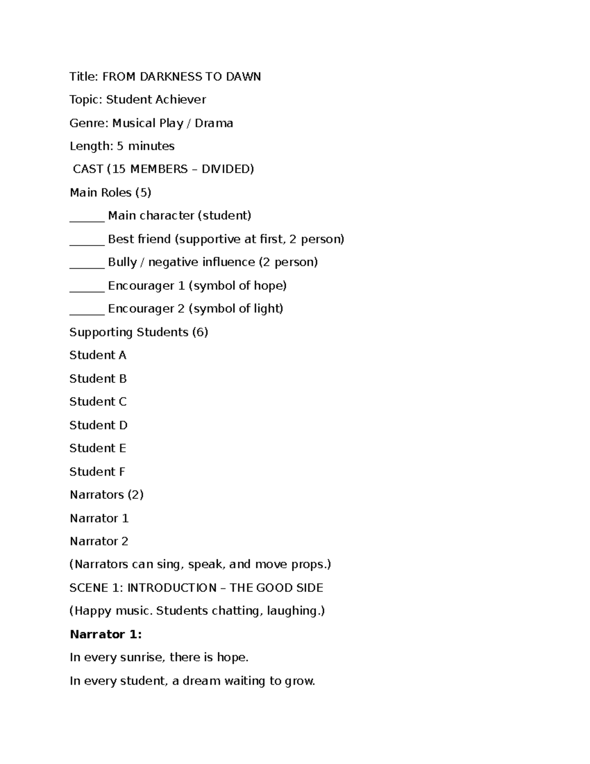Title: MUSICAL PLAY SCRIPT: FROM DARKNESS TO DAWN - Studocu