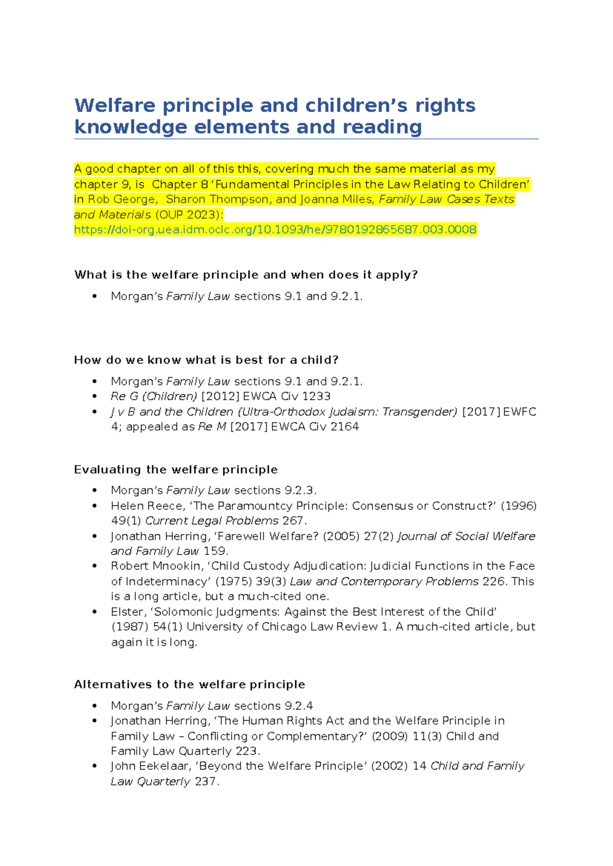 Family Law Principles: Welfare and Rights Overview (FL 101) - Studocu