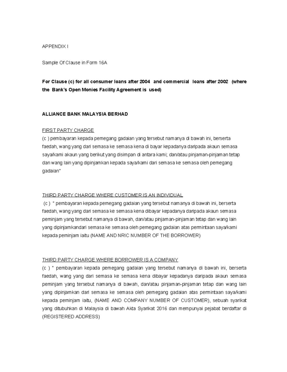 Format 16A - Sample Clauses for Consumer & Commercial Loans - Studocu
