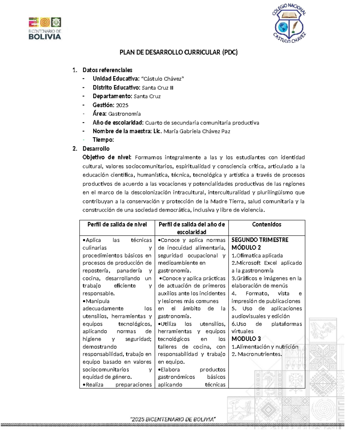 PDC 4to Gastronomía: Plan de Desarrollo Curricular 2025 - Studocu