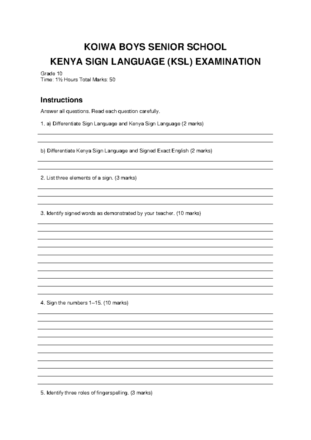 KSL Grade 10 Exam: Kenya Sign Language Assessment - Studocu