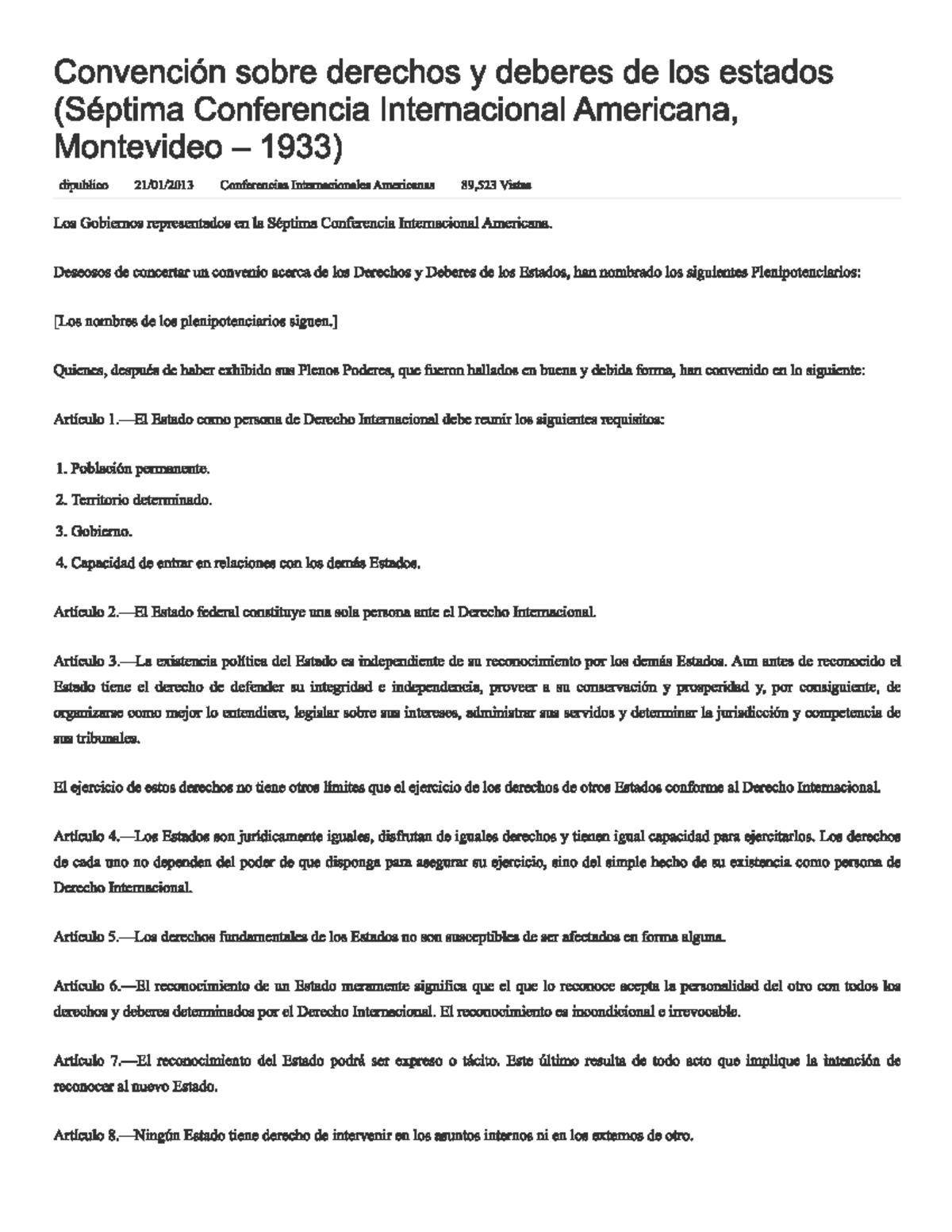 Convención sobre Derechos y Deberes de los Estados - Montevideo 1933 ...