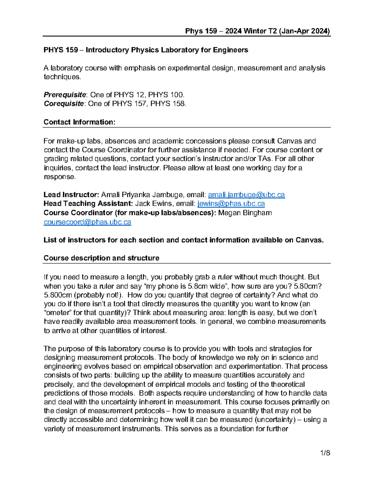 PHYS 159 Winter 2024 Lab Syllabus: Intro to Measurement Protocols - Studocu