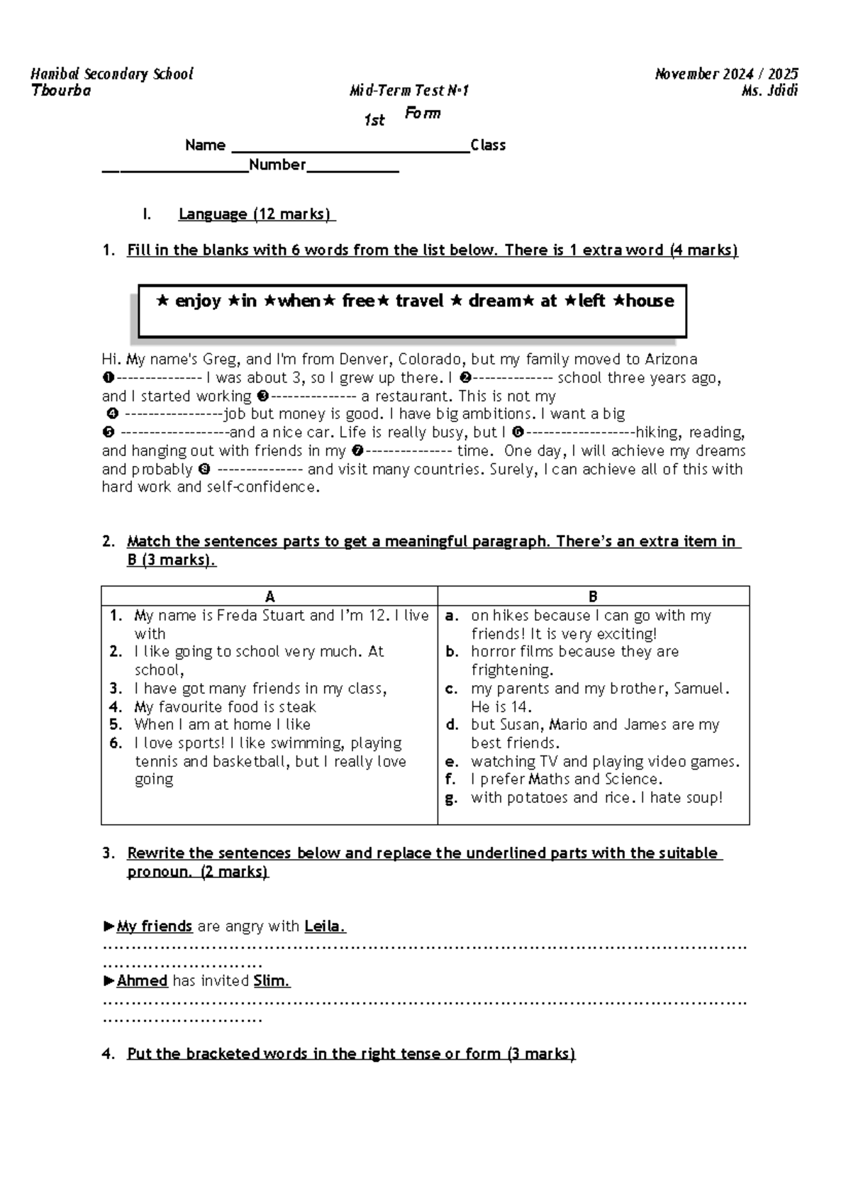 1S6 English Test: Hanibal Secondary School November 2024 - Studocu